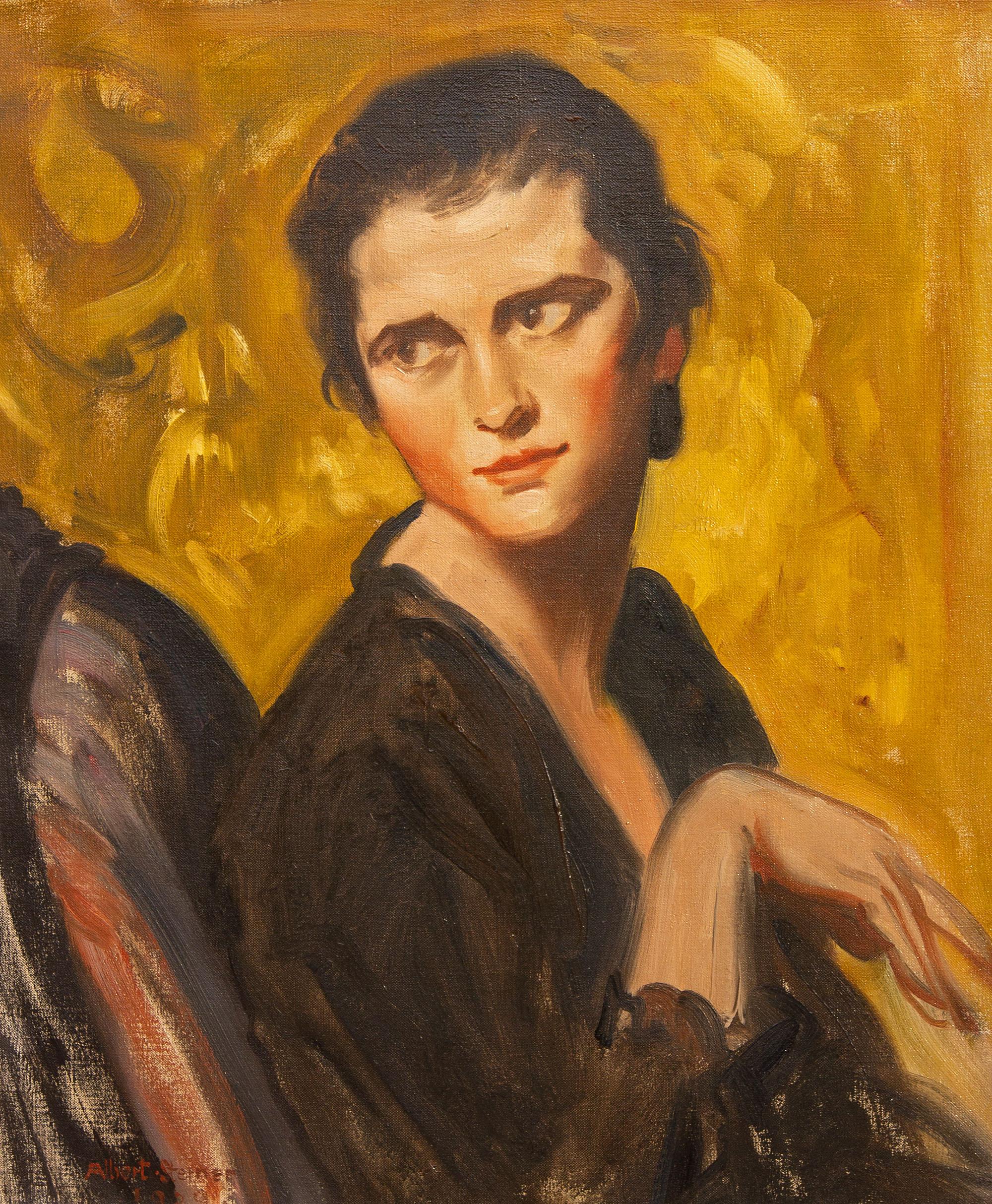 Impressionist painting of Vivienne Gieson by American artist Albert Sterner. Oil on canvas. Dated 1929. In carved giltwood frame by Heydenryk. Gieseon appeared with Martha Graham in 