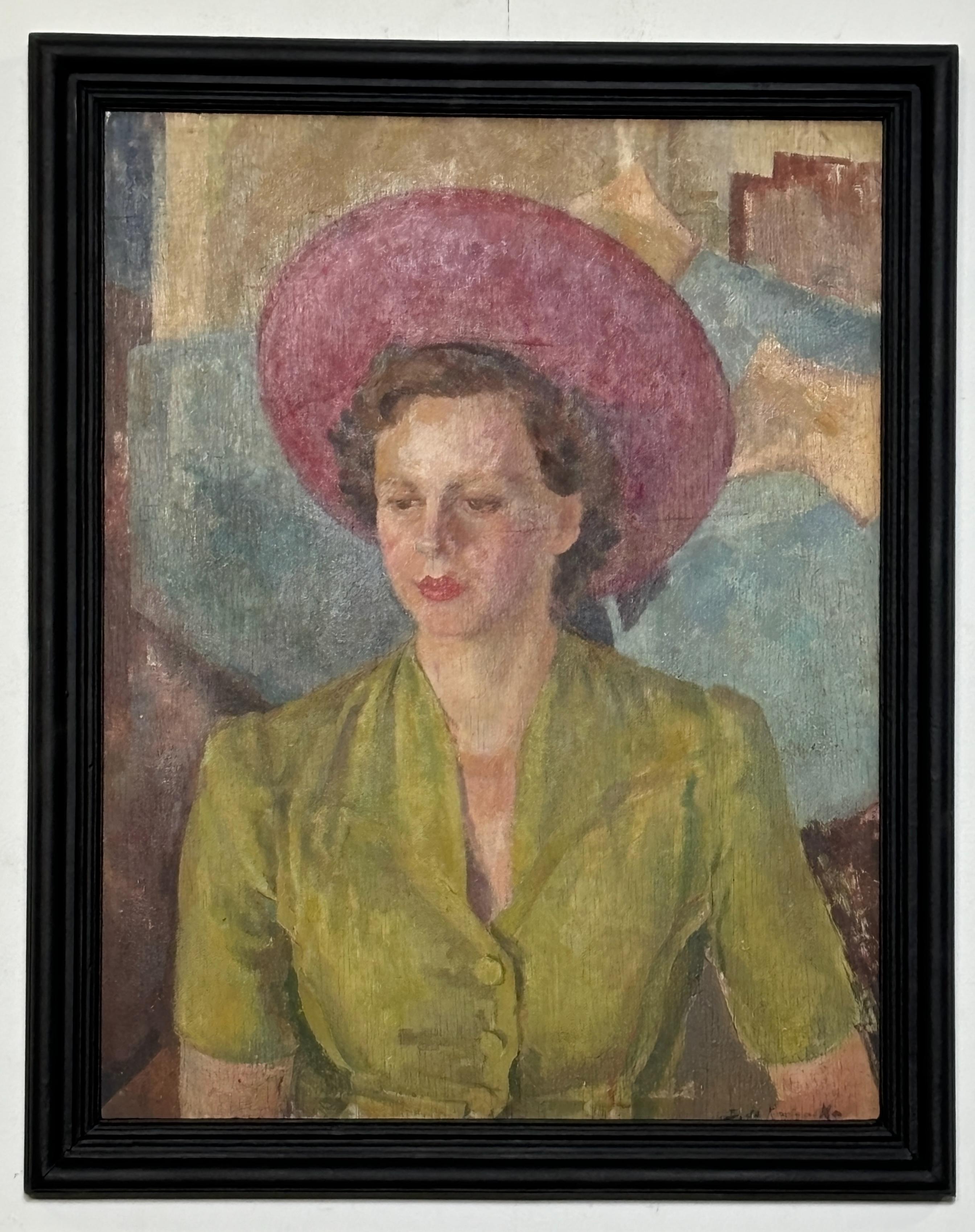 Ritratto di una donna con un cappello rosa.
Olio su tavola.
Firmato ma la firma è illeggibile.
Anni '30-'40