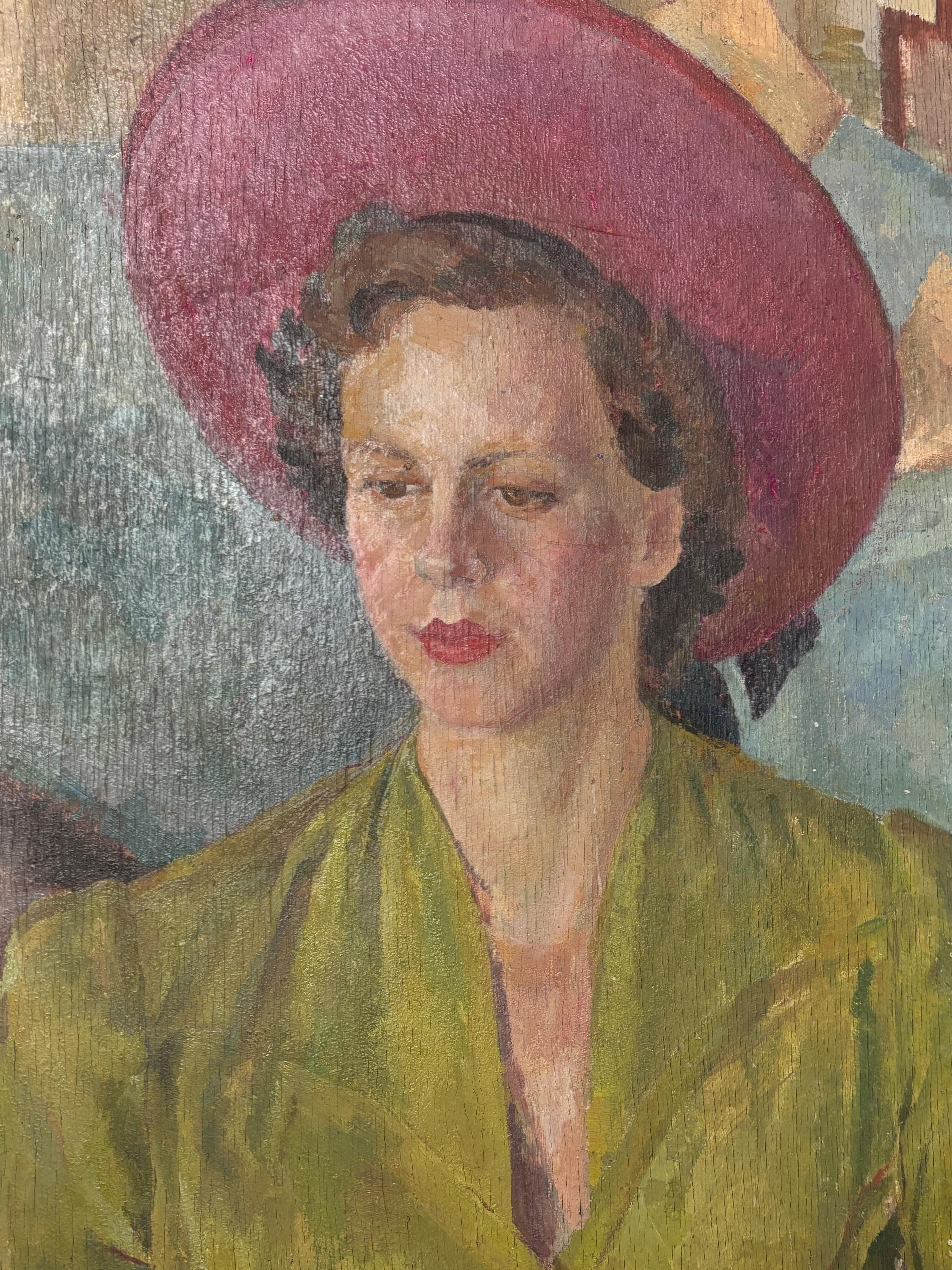Dipinto a mano Ritratto di donna con cappello anni '40 in vendita