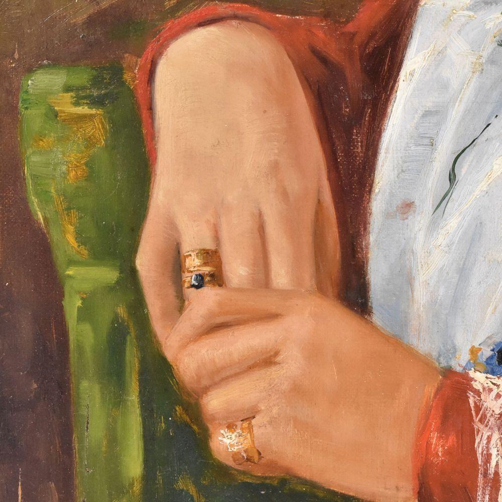Art déco Peinture - Portrait, Femme avec une robe blanche, espagnol, peinture à l'huile, XXe siècle en vente