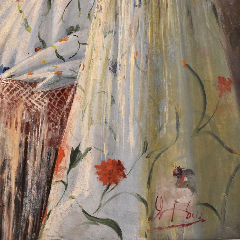 Français Peinture - Portrait, Femme avec une robe blanche, espagnol, peinture à l'huile, XXe siècle en vente