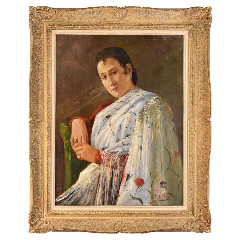 Peinture - Portrait, Femme avec une robe blanche, espagnol, peinture à l'huile, XXe siècle