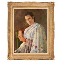 Portrait Painting, Woman With White Dress, Spanish, Oil Painting, 20th Century