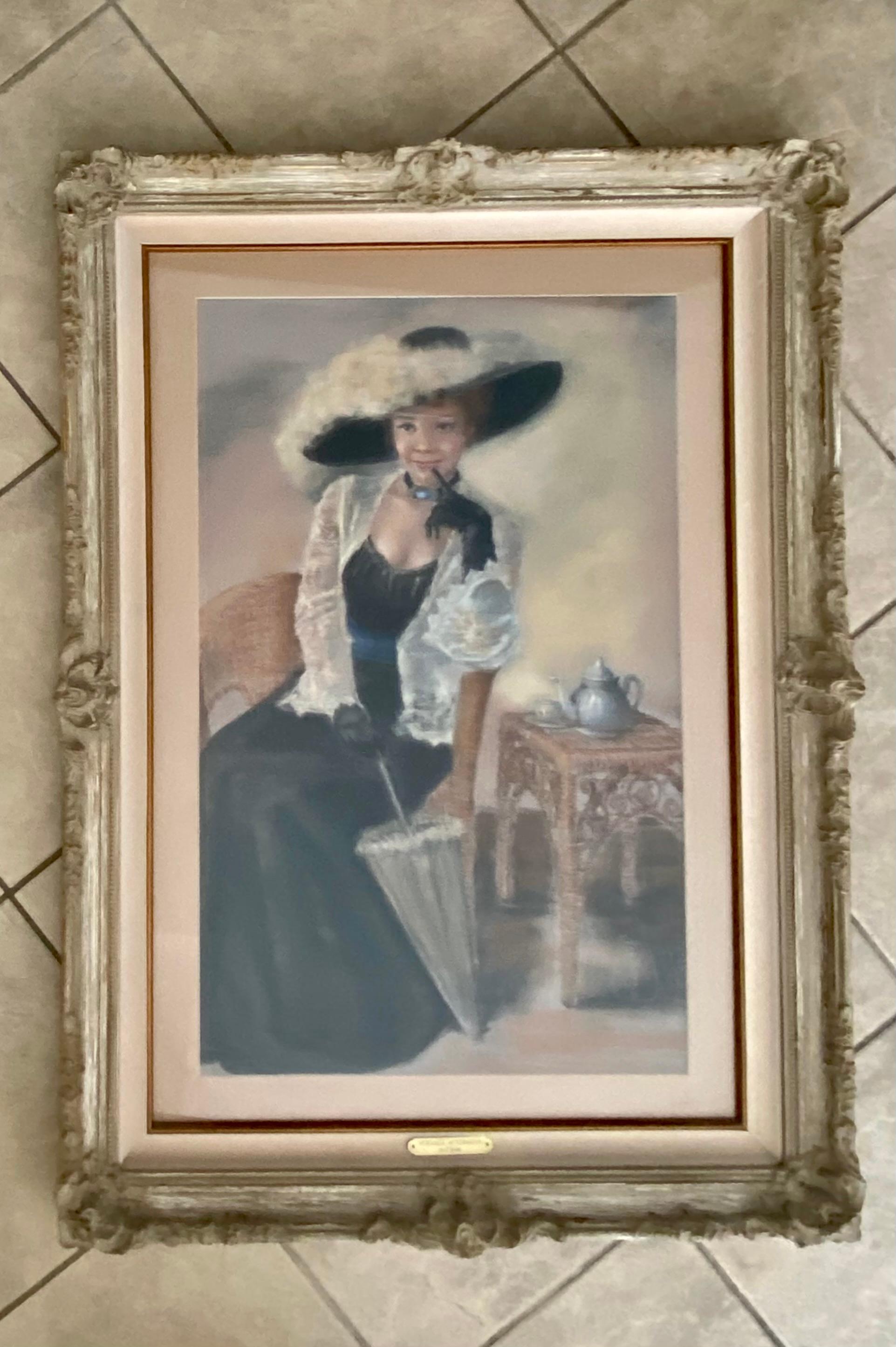 Pastel portrait painting of turn century pretty woman with big hat, done in 1980s by artist F. Sirois. Custom frame with glass covering and name plate of artist. Painting size measures: 32