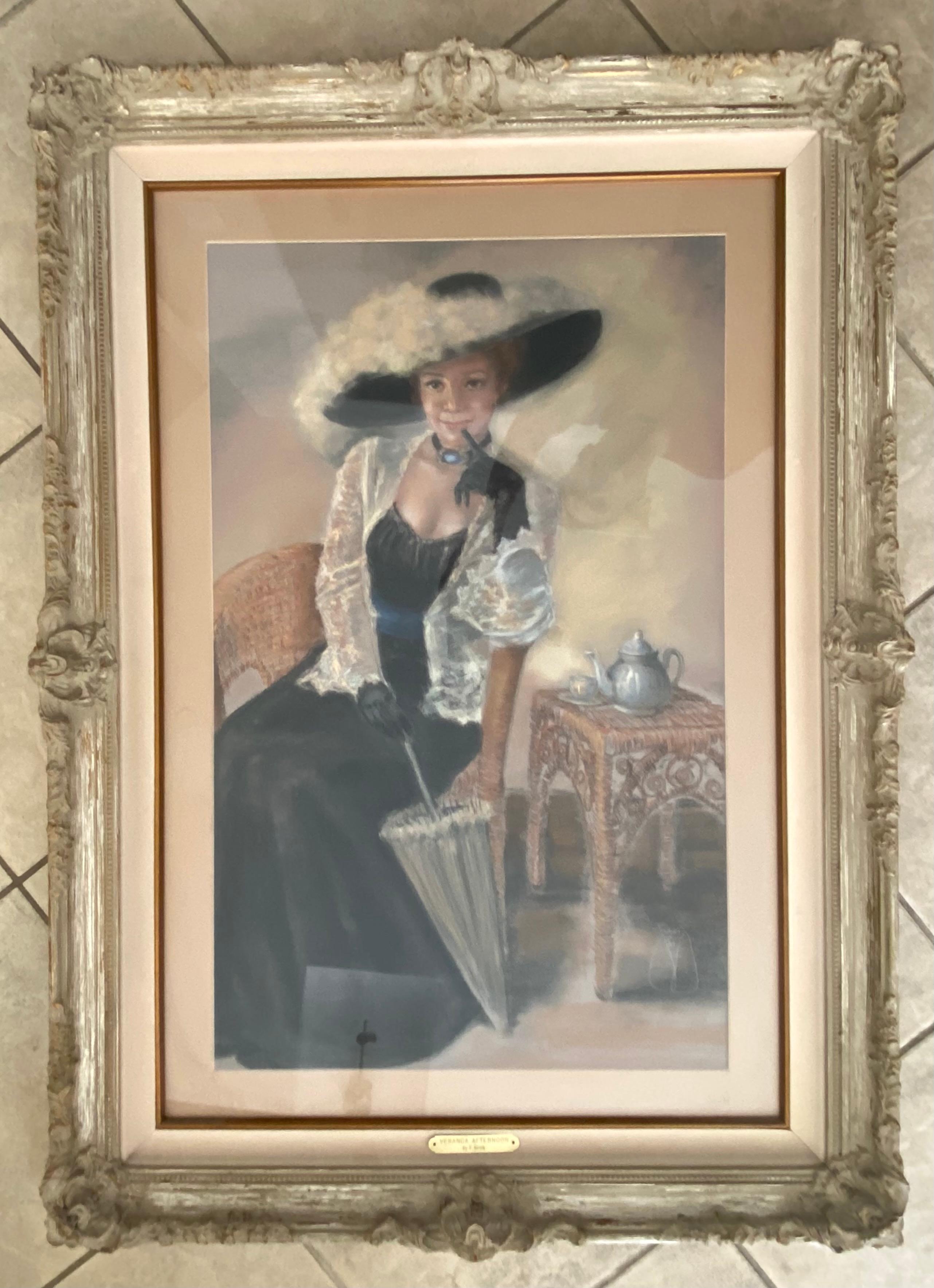 Américain Peinture de portrait au pastel, jolie femme au chapeau