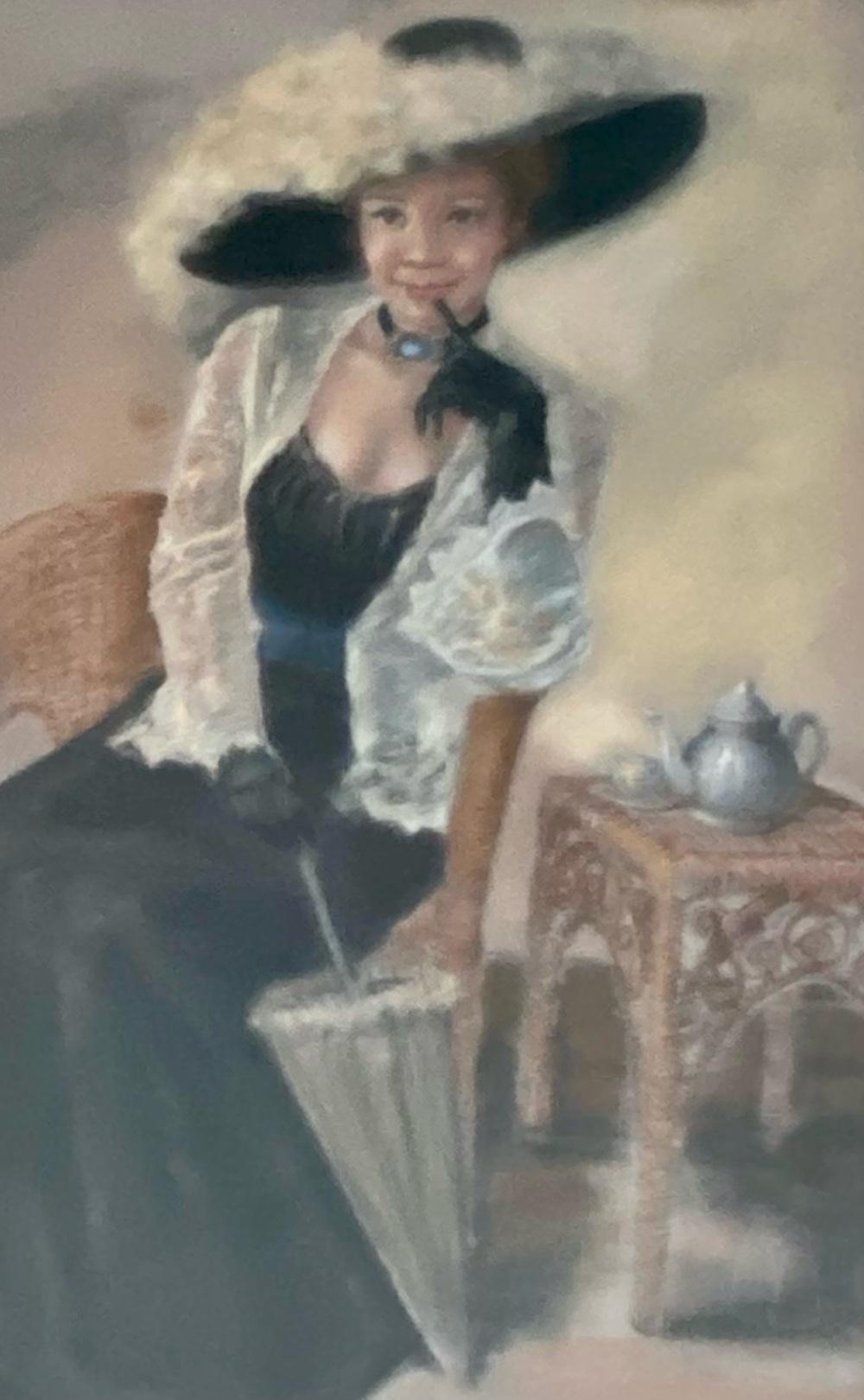 Peinture de portrait au pastel, jolie femme au chapeau Bon état à Palm Springs, CA