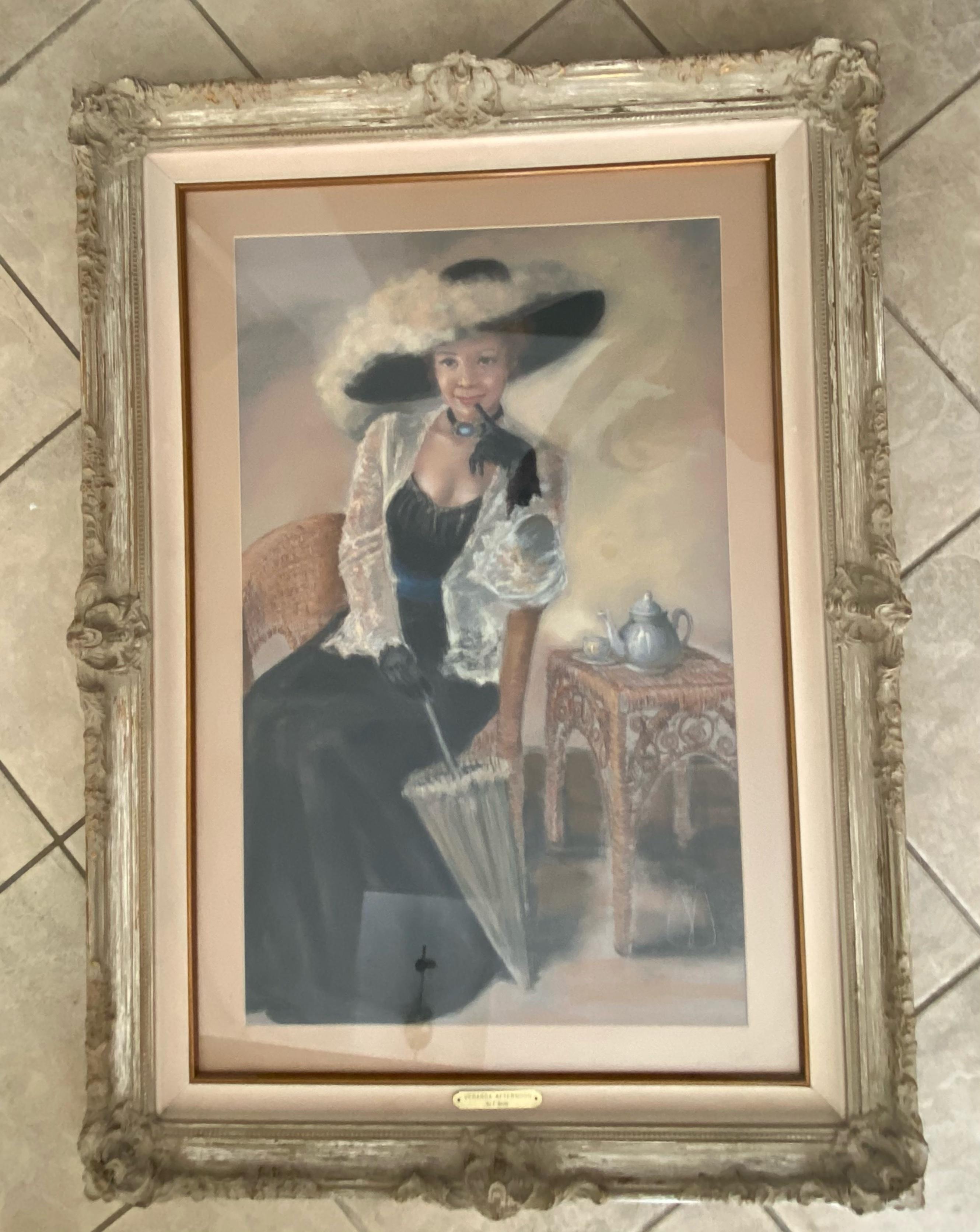 Fin du 20e siècle Peinture de portrait au pastel, jolie femme au chapeau