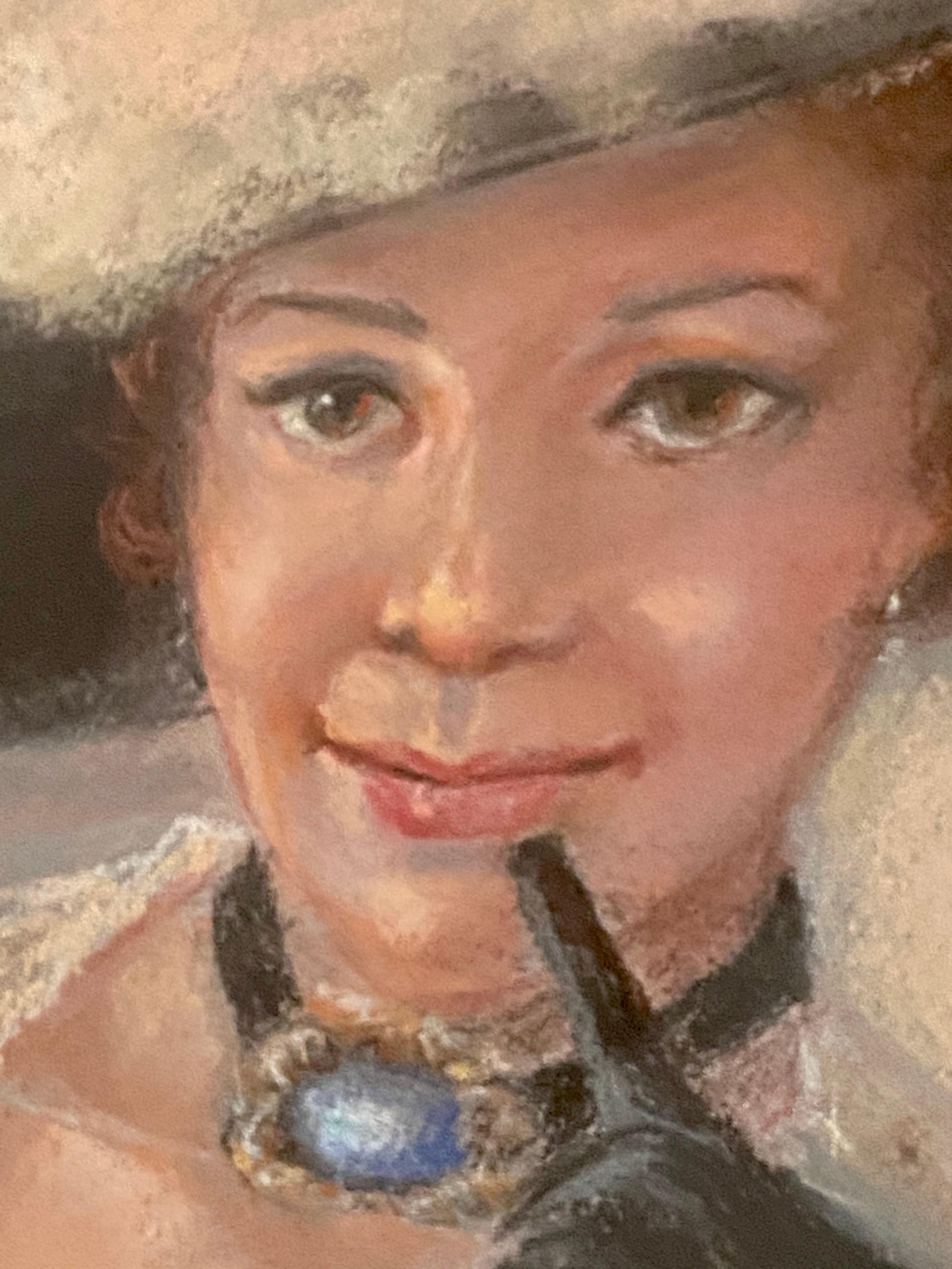 Verre Peinture de portrait au pastel, jolie femme au chapeau