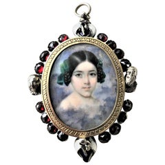 Portrait Pendant hand painted historicism Garnet 1860s Silver and 18 K gold