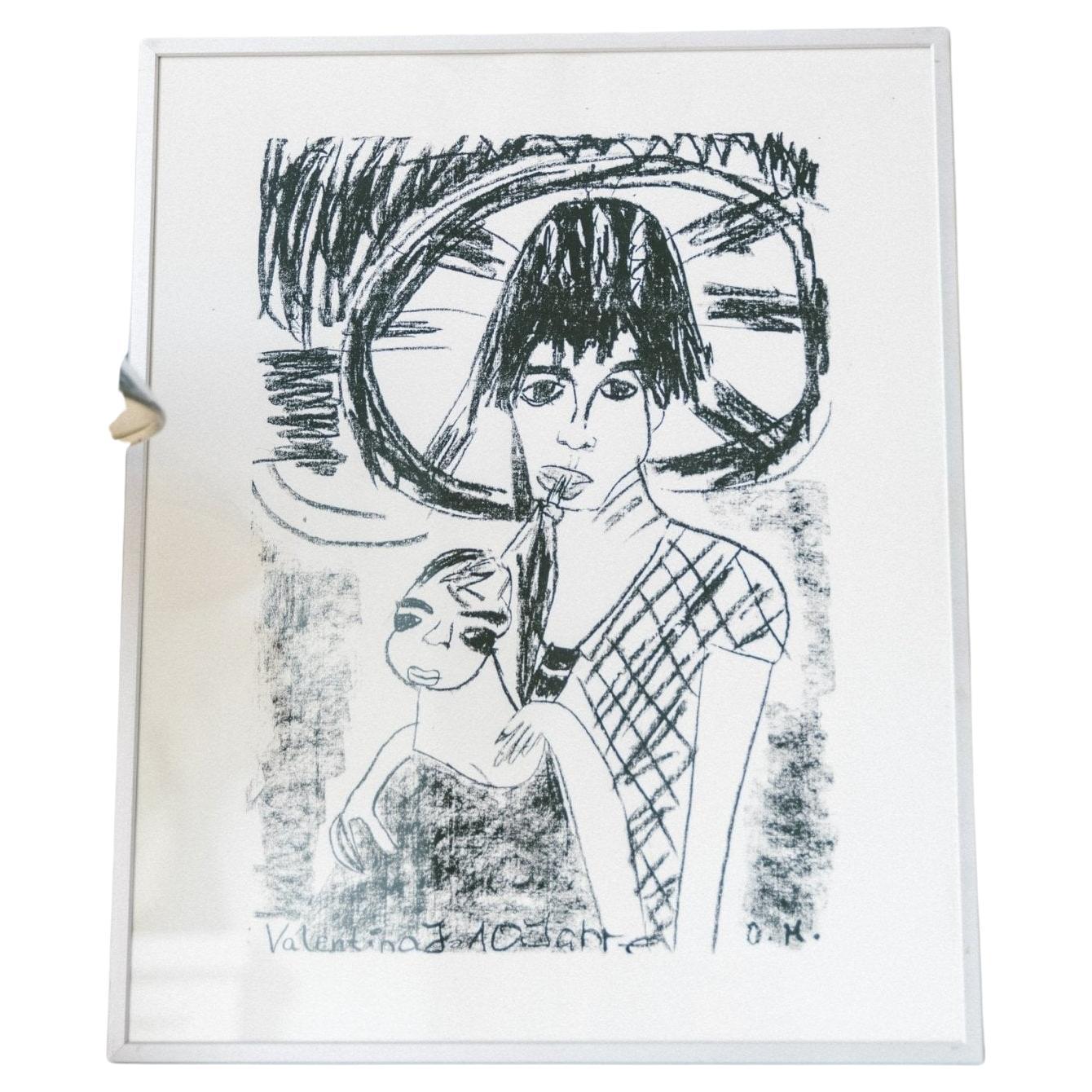 Portraitdruck von Vater 
Mutter mit Kind in Aluminium-Bilderrahmen, 1980er Jahre im Angebot