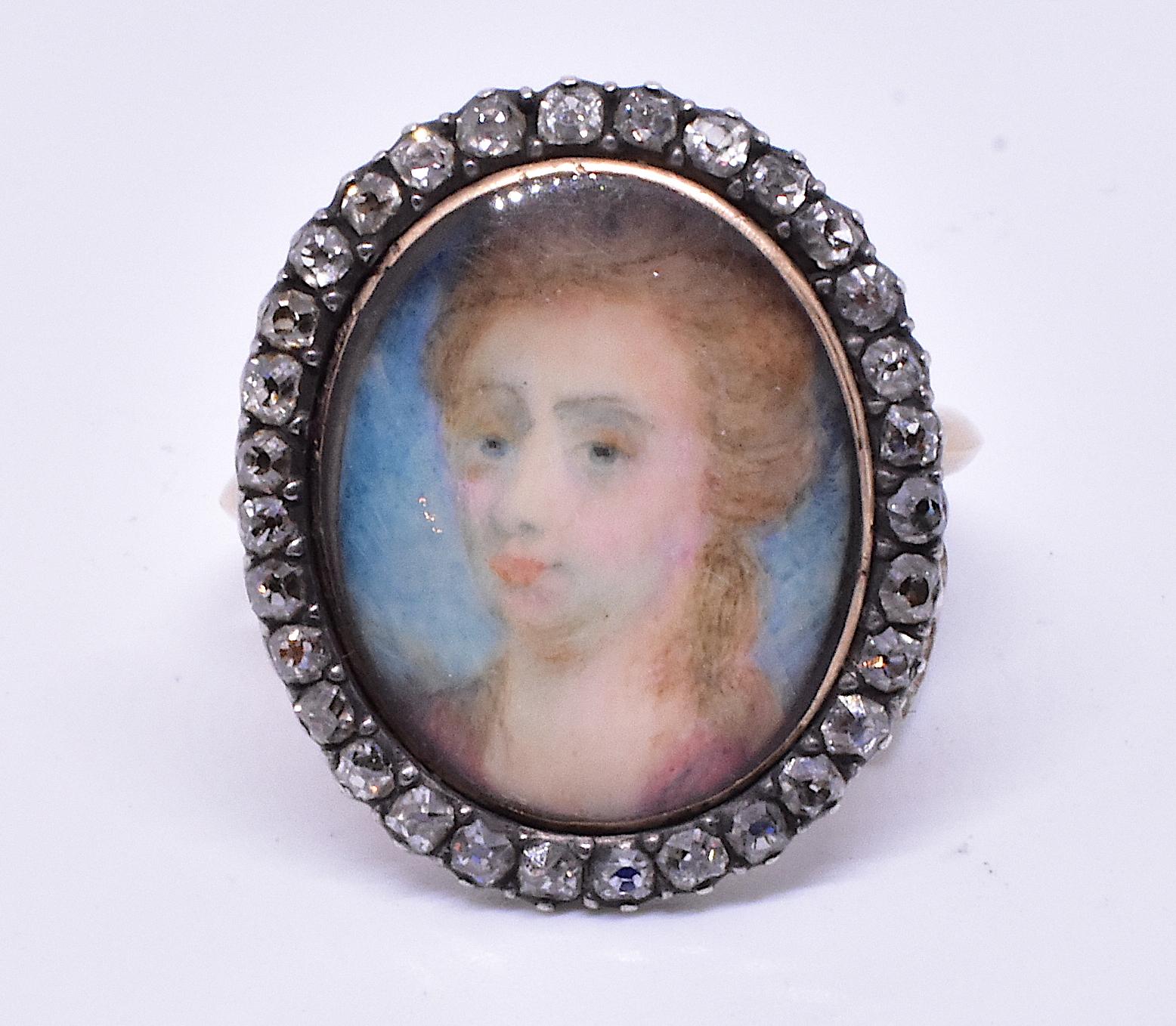 18K eighteenth-century portrait ring under crystal of Sarah Churchill, Duchess of Marlborough. Miniature portraits were painted on vellum or ivory and given as tokens of love to husbands and wives or parents and children. Portrait rings with diamond