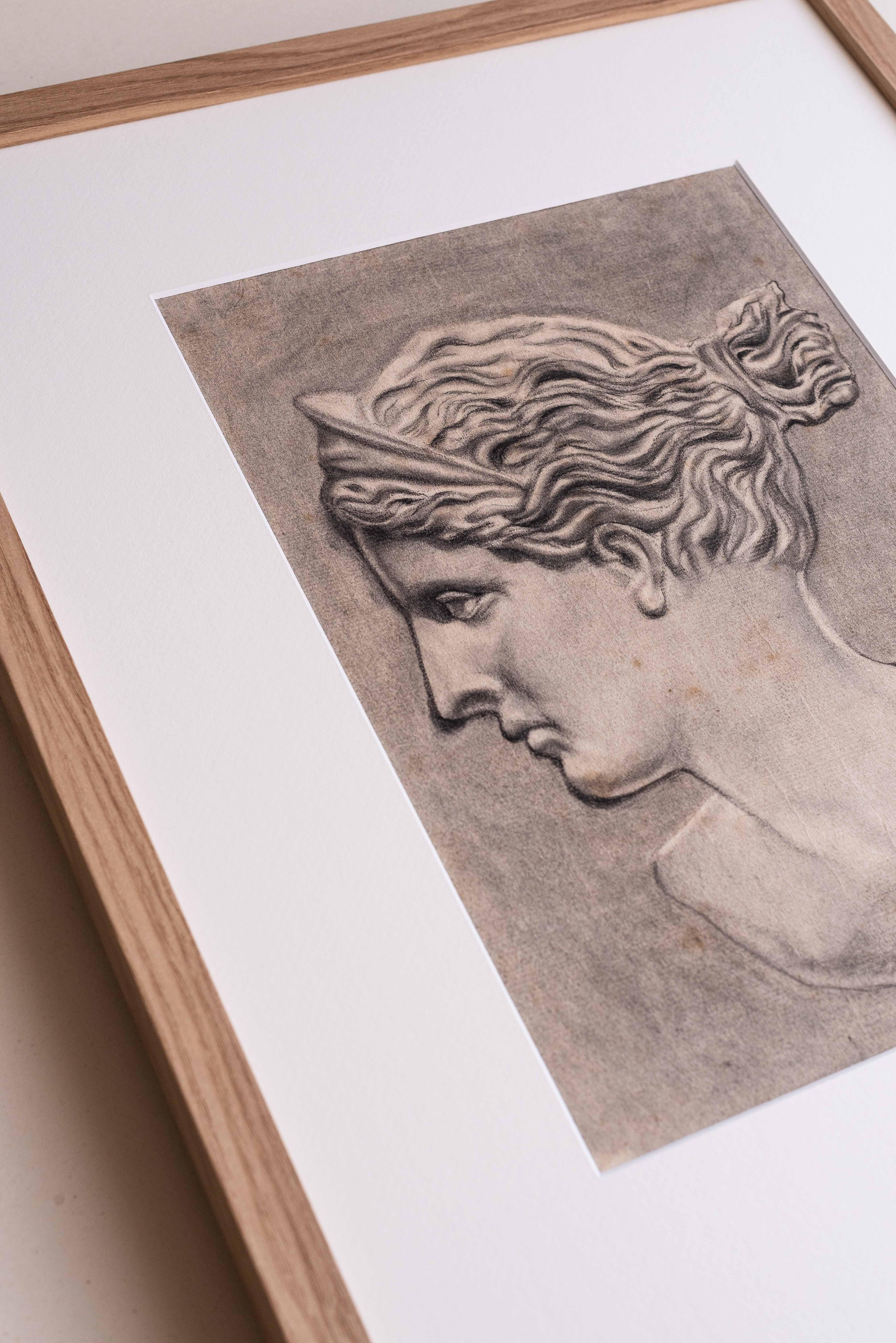 Classical Greek Portrait Study, Drawing of a Greek Head or Bust, 1940s For Sale