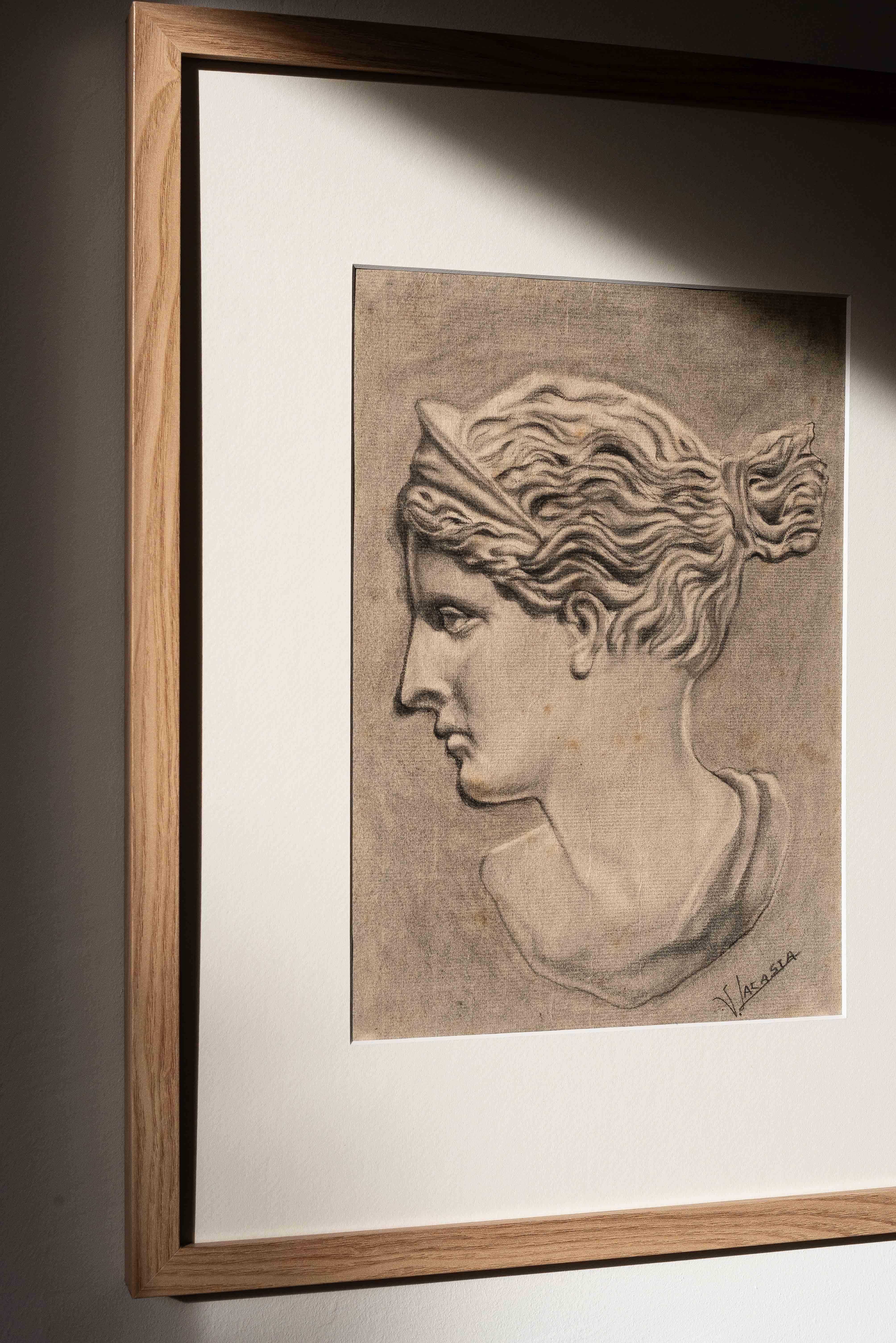 Glass Portrait Study, Drawing of a Greek Head or Bust, 1940s For Sale