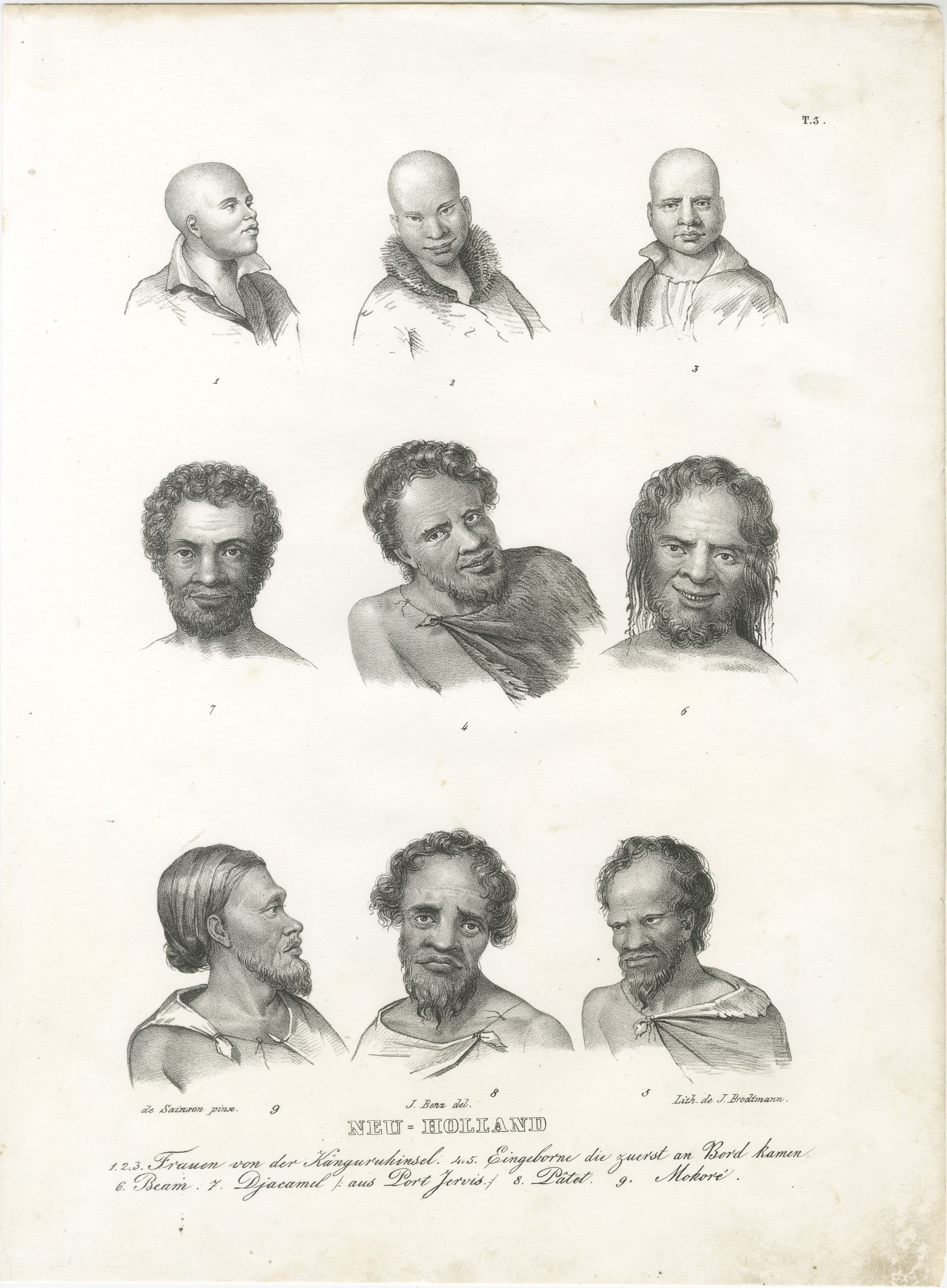 Title: Portrait Study of Indigenous People of New Holland  

Description: This finely detailed lithograph, circa 1836, features a series of portrait studies depicting Indigenous people of New Holland (modern-day Australia). Each subject is carefully