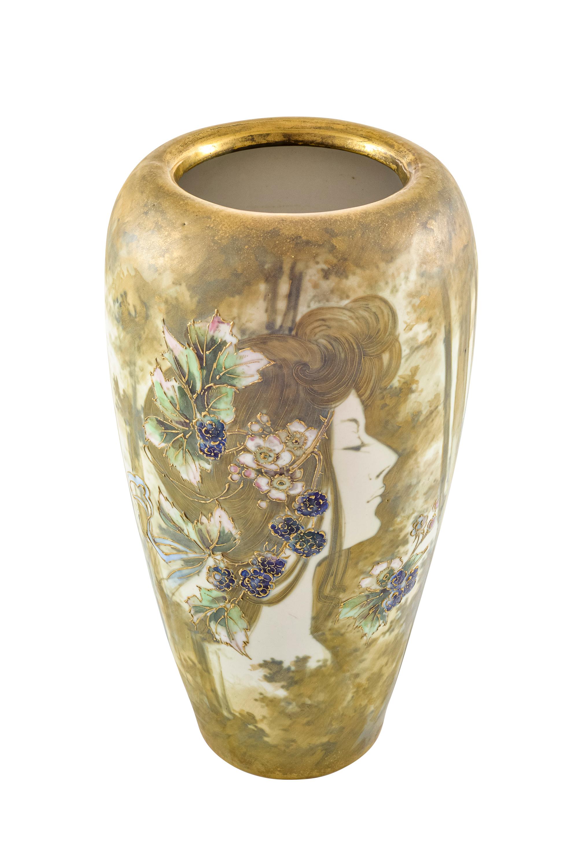 Austrian Portrait Vase Art Nouveau Ceramics Amphora Bohemia circa 1898 Flowers For Sale