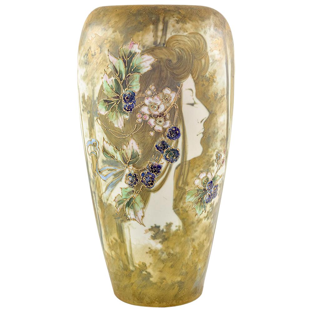 Portrait Vase Art Nouveau Ceramics Amphora Bohemia circa 1898 Flowers For Sale