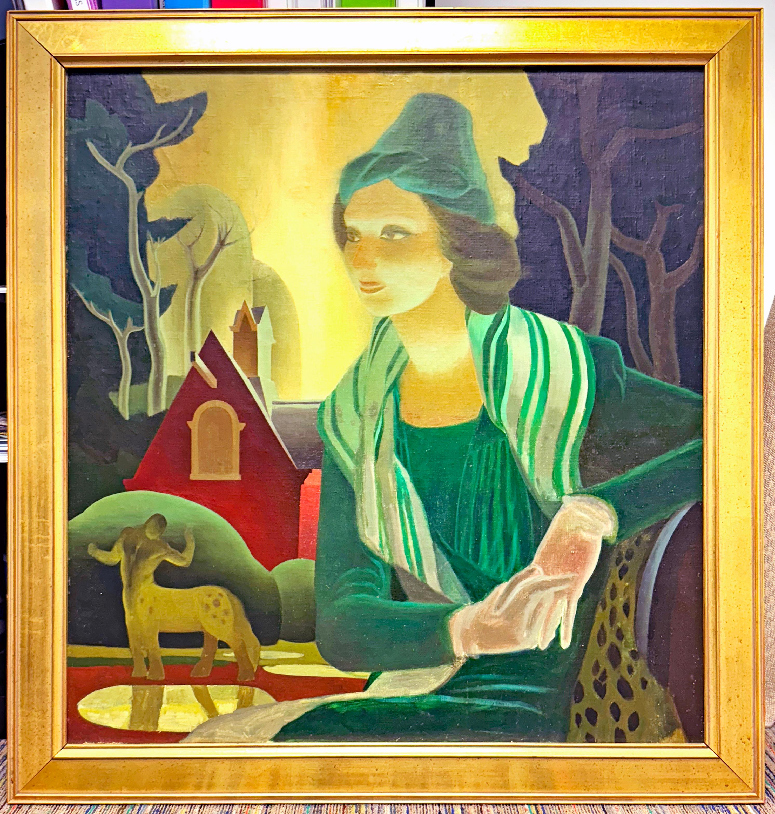 A rare and important work by one of America's most important muralists working in the 1930s and 40s, this painting of a female figure on the edge of a magical forest, accompanied by a centaur in the distance, is richly colored in tones of jade, deep