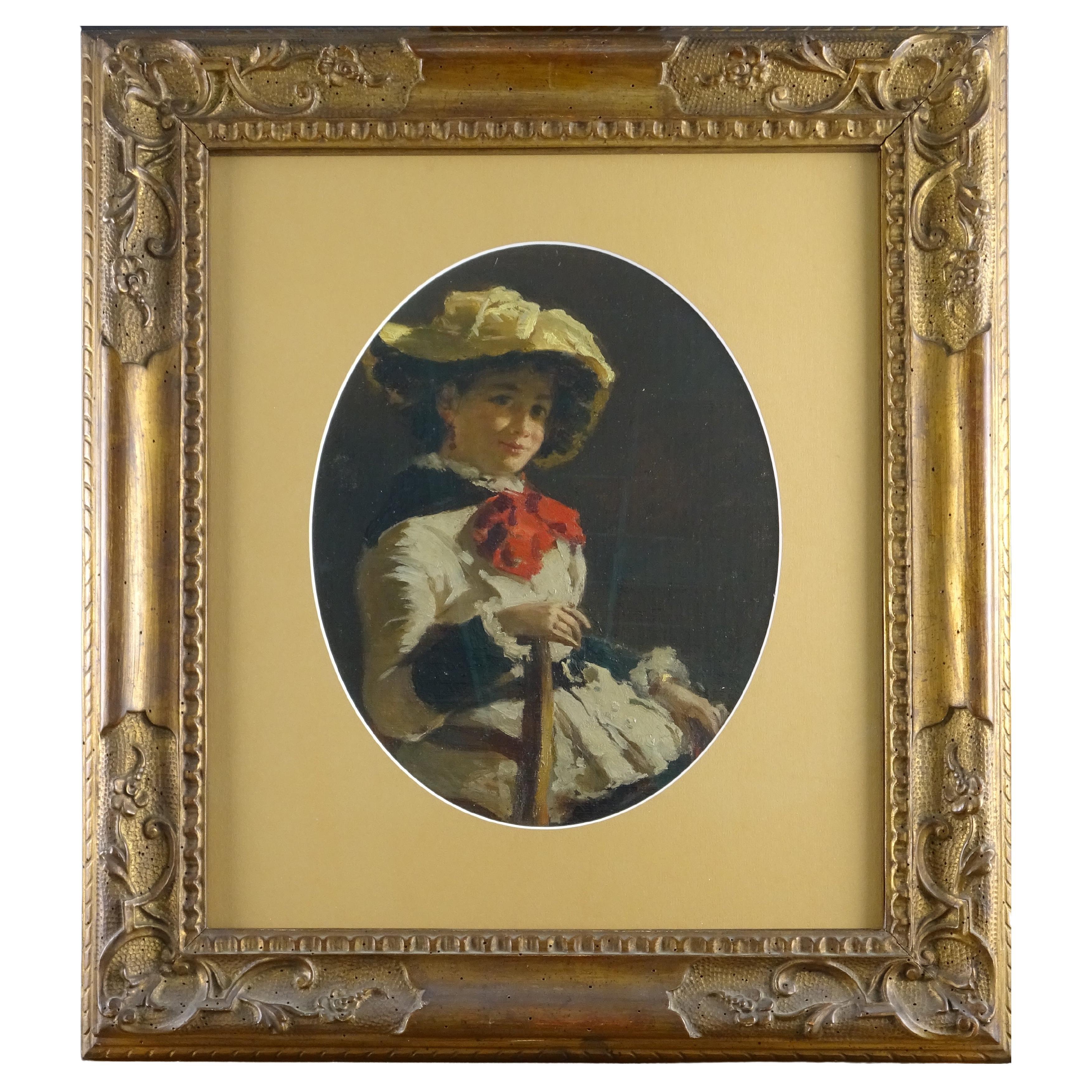 Portrait "Young Girl with Red Bow, " Venetian-Venetian Ambit For Sale