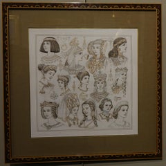 Portraits of 14 Queens Or Empresses, Brown Ink and Sepia, signed Herouard