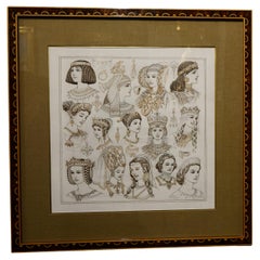 Portraits of 14 Queens Or Empresses, Brown Ink and Sepia, signed Herouard