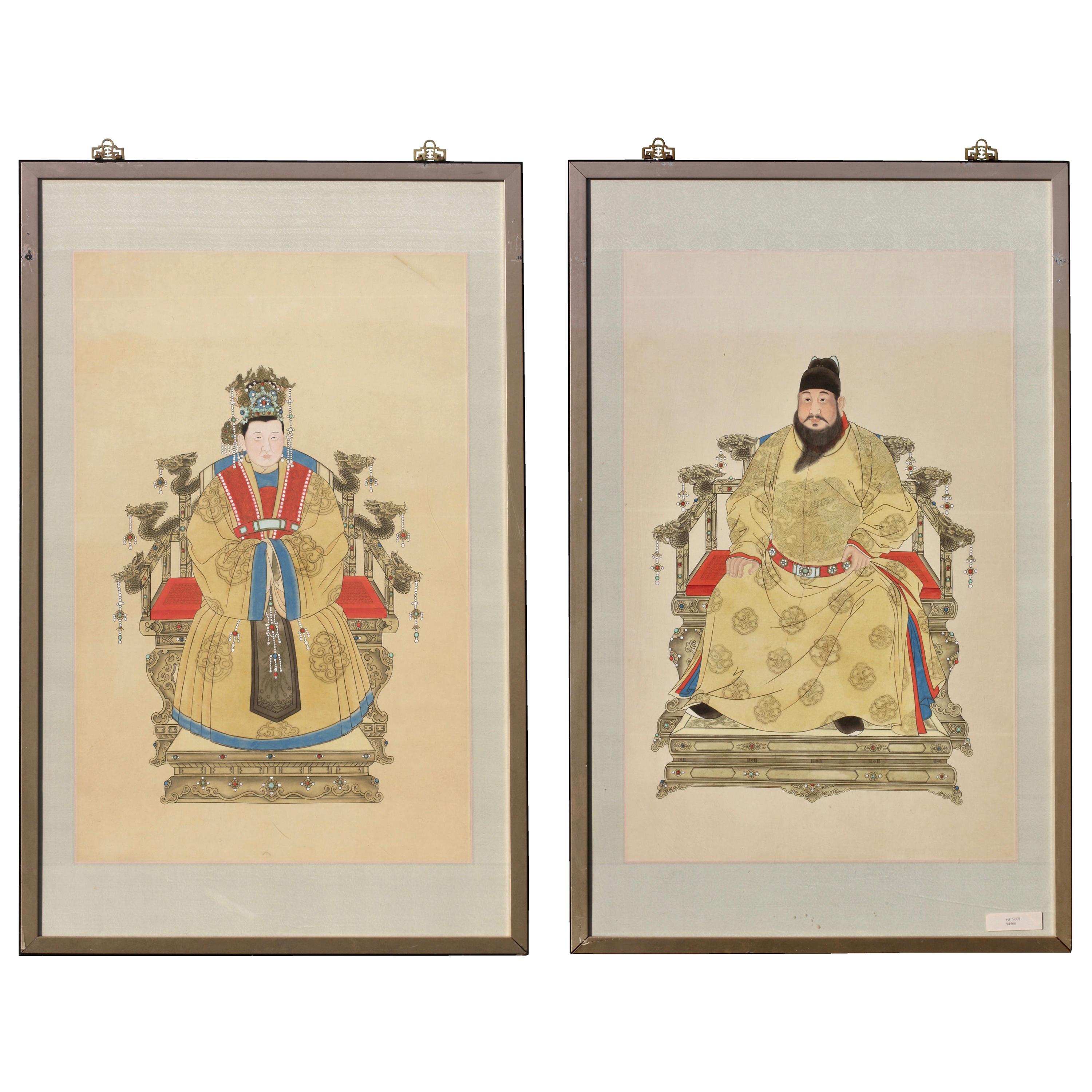 Portraits of a Ming Dynasty Emperor and Empress, Chinese Ink and Color on Paper For Sale