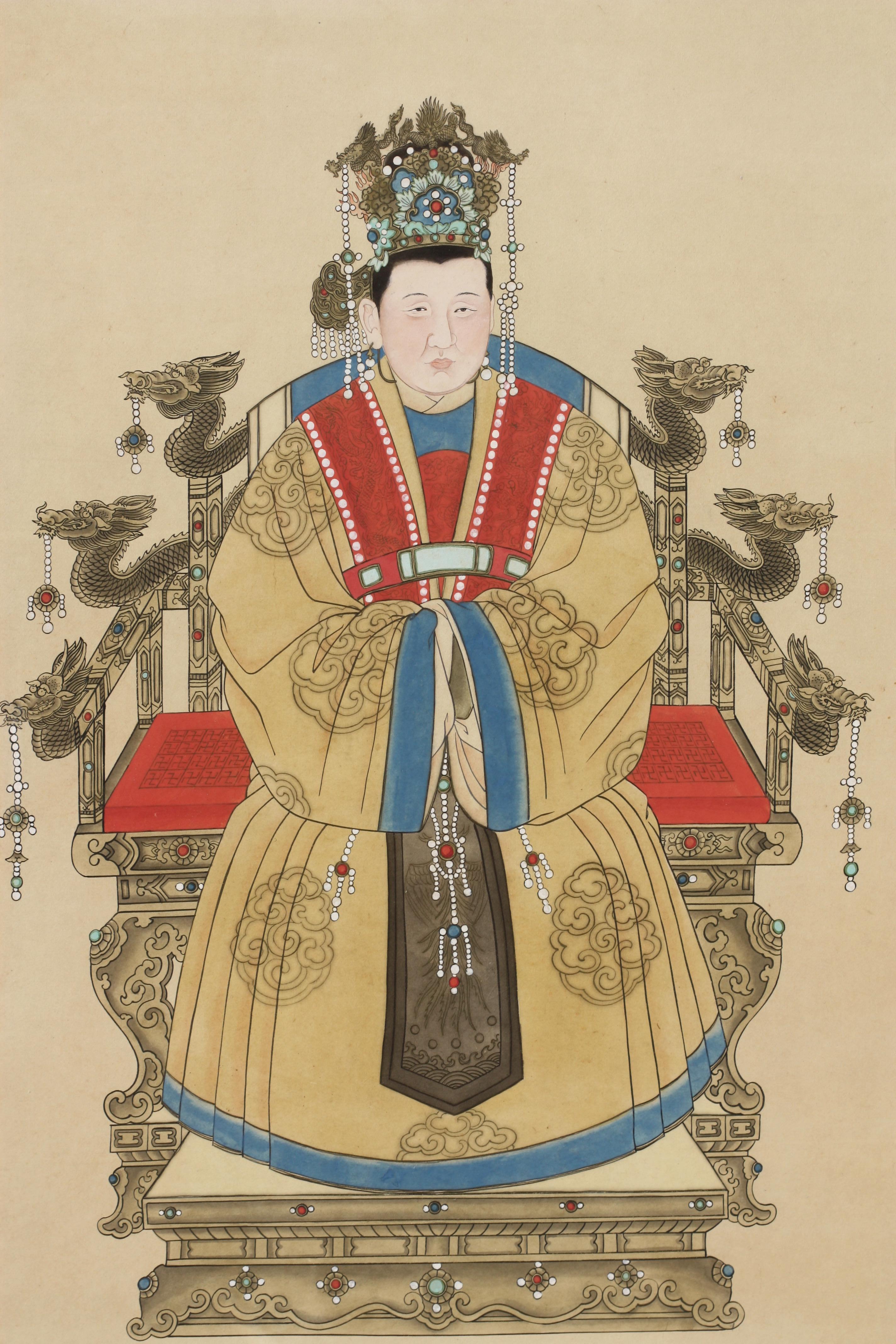 Portraits of a Ming dynasty Emperor and Empress, Chinese
ink and color on paper,
Measures: Framed: Height 50 in. (127 cm.), width 31.5 in. (80.01 cm.)
Without frame: Height 38.5 in. (97.79 cm.), width 24.5 in. (62.23 cm.)

    
