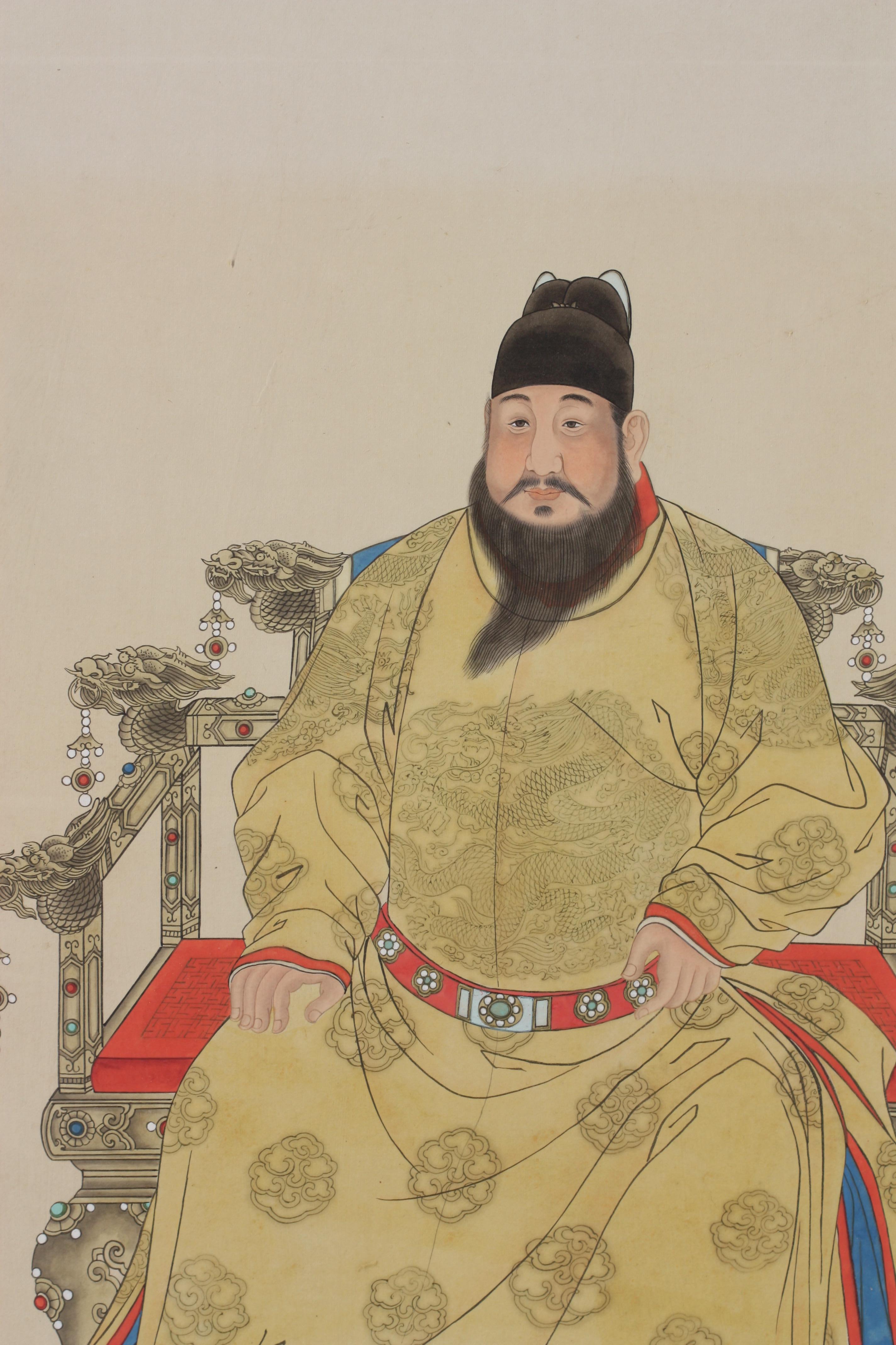 Portraits of a Ming Dynasty Emperor and Empress, Chinese Ink and Color on Paper In Good Condition For Sale In West Palm Beach, FL
