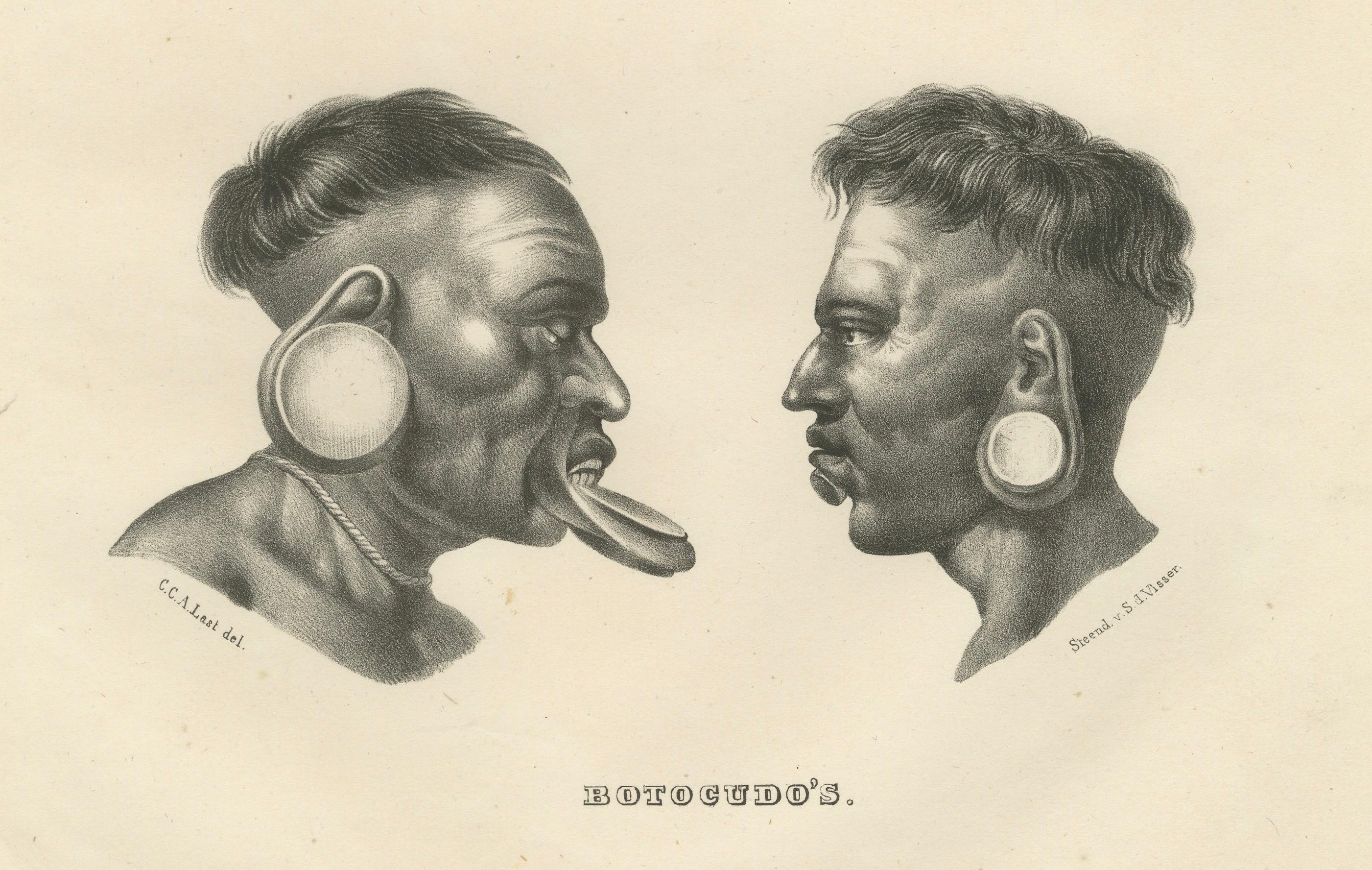 This lithograph by Karl Joseph Brodtmann depicts members of the Botocudo people, an indigenous group from Brazil. The Botocudo are historically known for their distinctive use of large lip and ear plugs, which are prominently featured in this