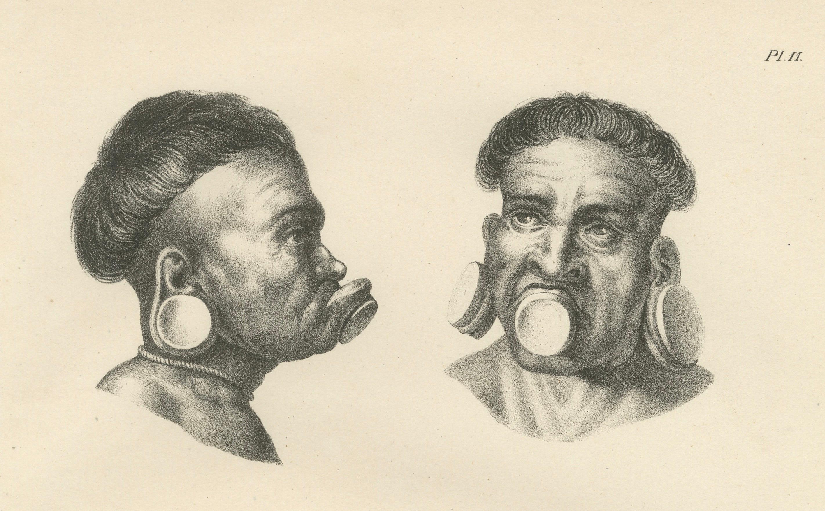 Portraits of Botocudo People from South America by Karl Joseph Brodtmann, 1836 In Good Condition For Sale In Langweer, NL