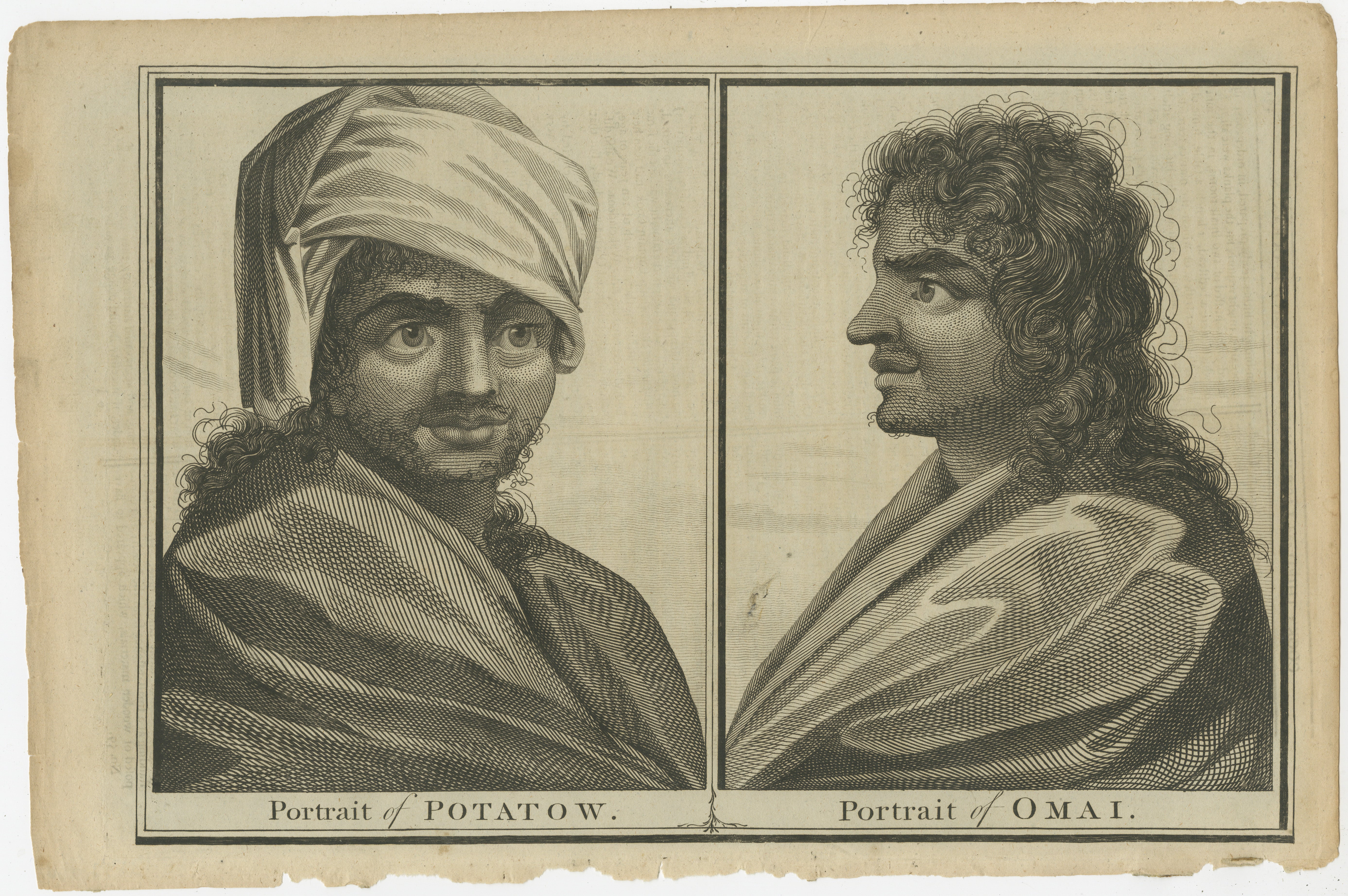 The original antique engraving for sale presents side-by-side portraits of two individuals from Tahiti, labeled as 