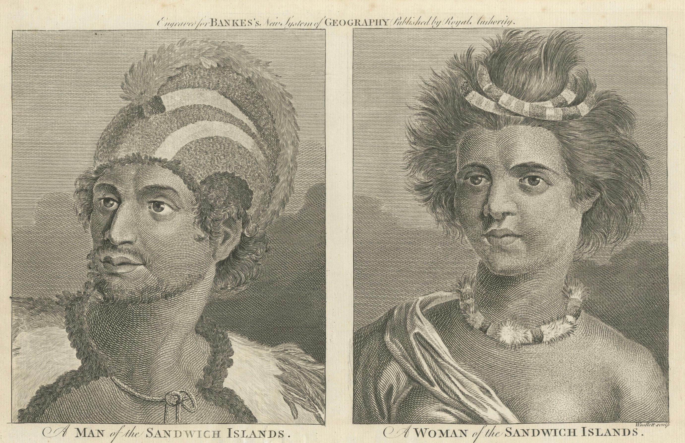 Porträts von Adeligen von den Sandwich-Inseln (Hawaii), veröffentlicht um 1790 (Graviert) im Angebot