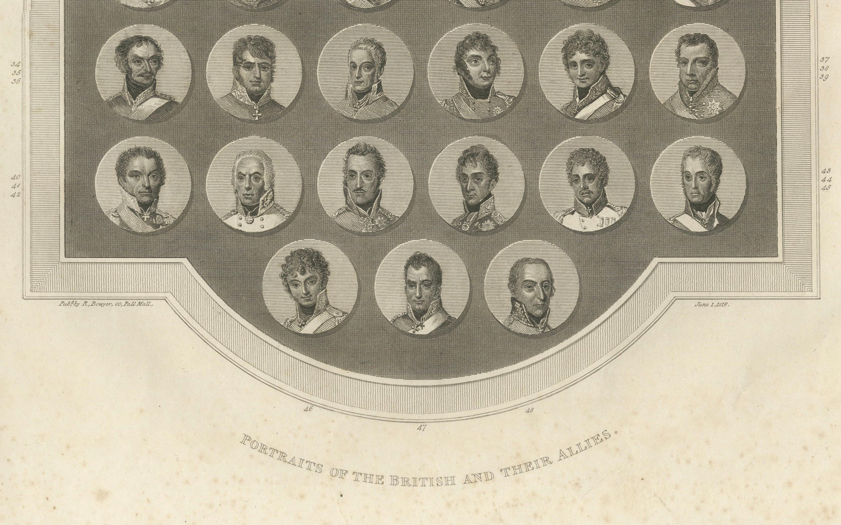 Portraits of the British and Allied Commanders at the Battle of Waterloo, 1815  

Description:  

This striking 1816 engraving presents a meticulously arranged composition of the key British and Allied commanders who played a decisive role in the