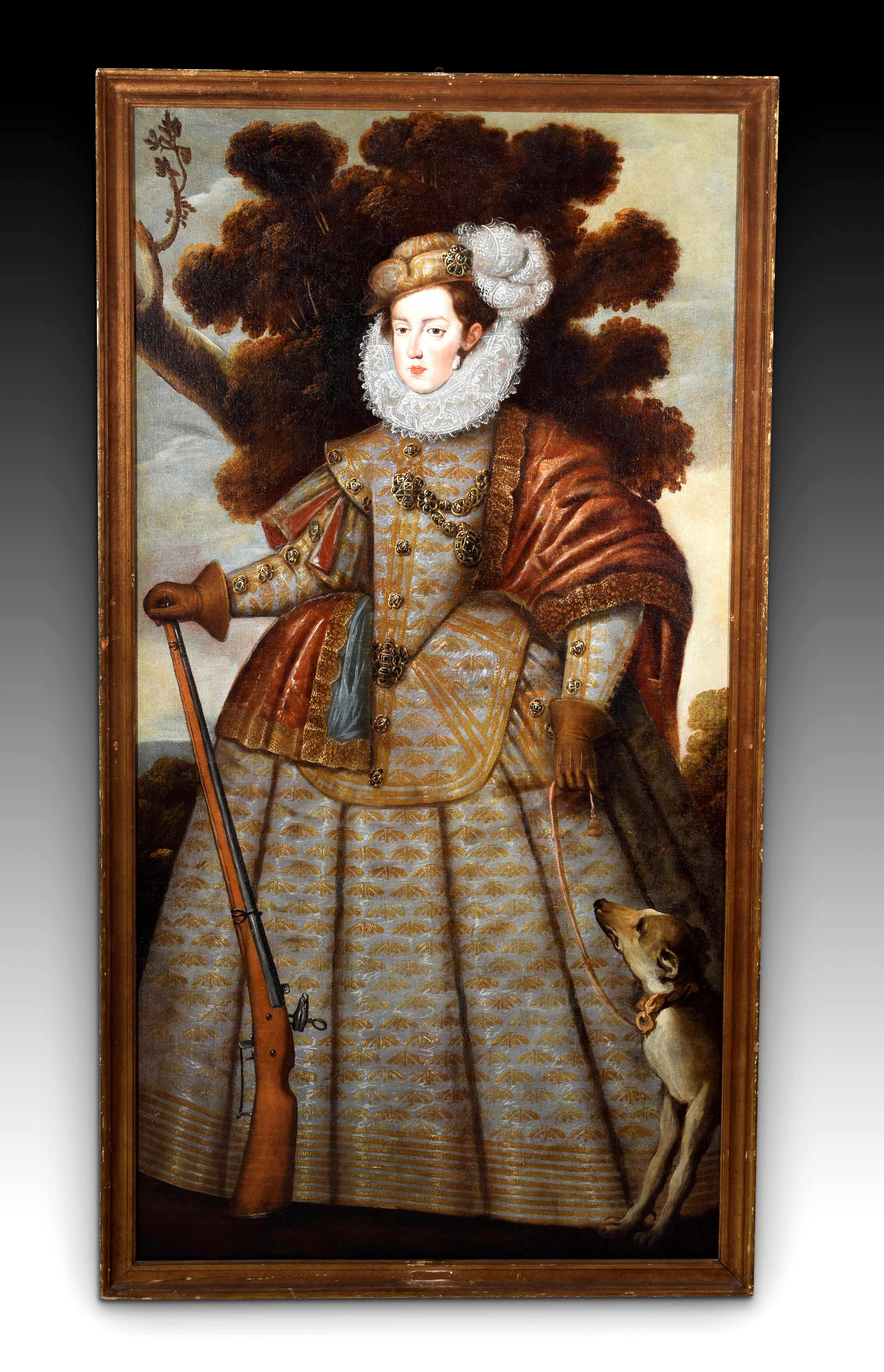 Portraits of the monarchs Louis XIII and Anne-Marie of Austria as hunters. Oil on canvas. Possibly Madrid school, 17th century. 
Pair of full-length portraits showing the characters against natural backgrounds, with landscapes with mountains in the