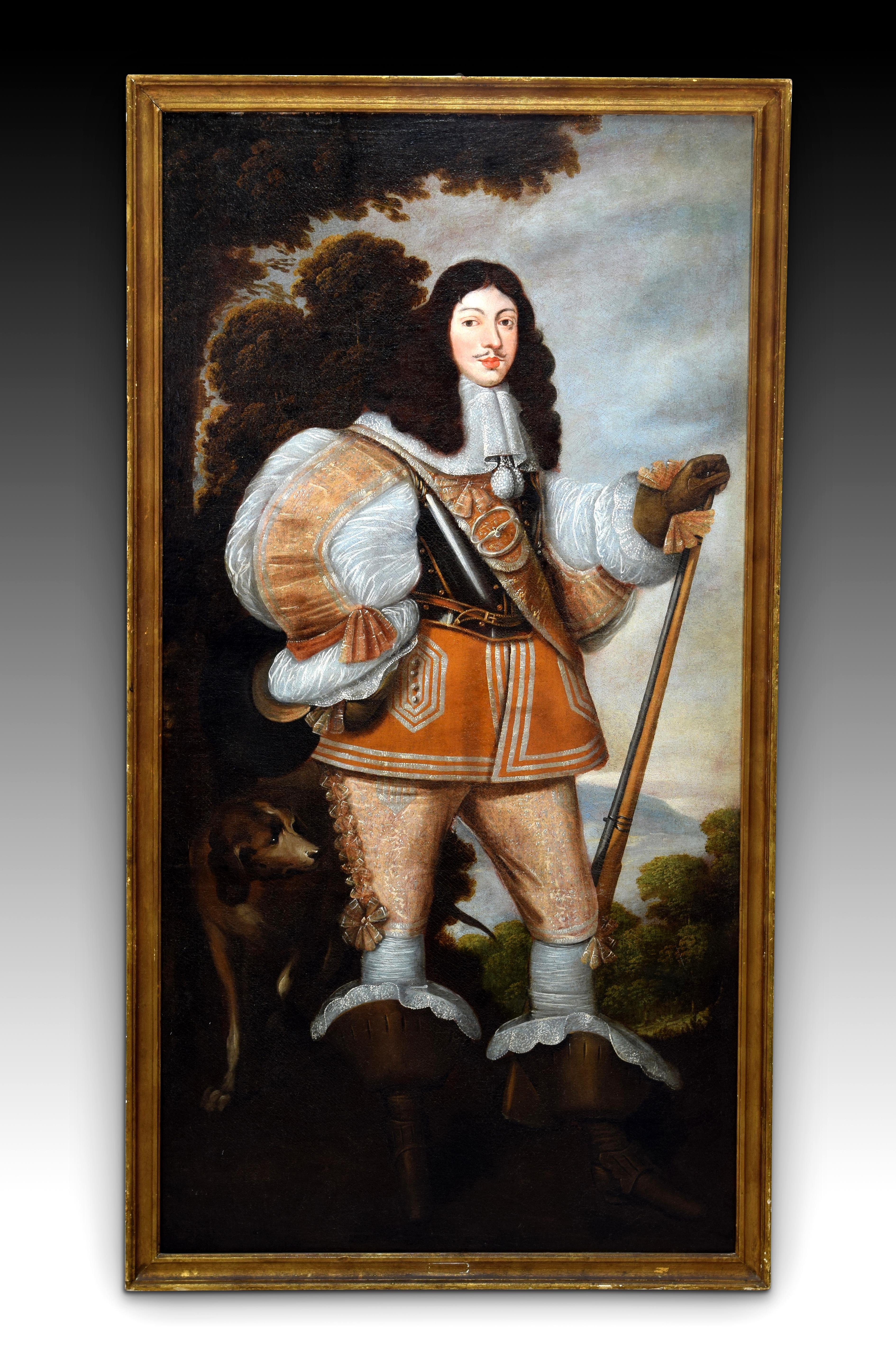 Baroque Portraits of the monarchs Louis XIII and Anne-Marie of Austria as hunters. For Sale