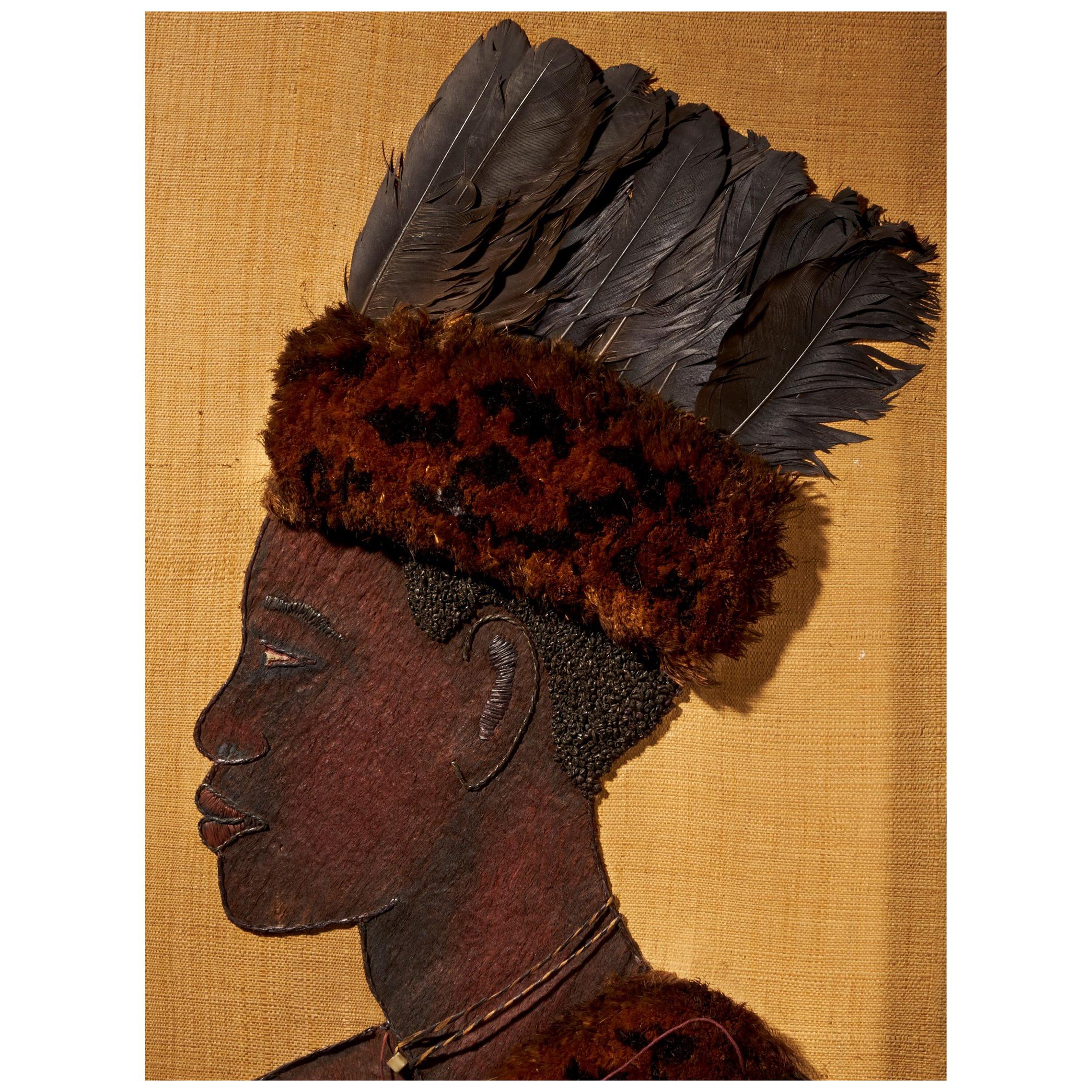 Portrait of a Kongo Chief with Feather Headdress, Plant Material on Jute, Framed For Sale