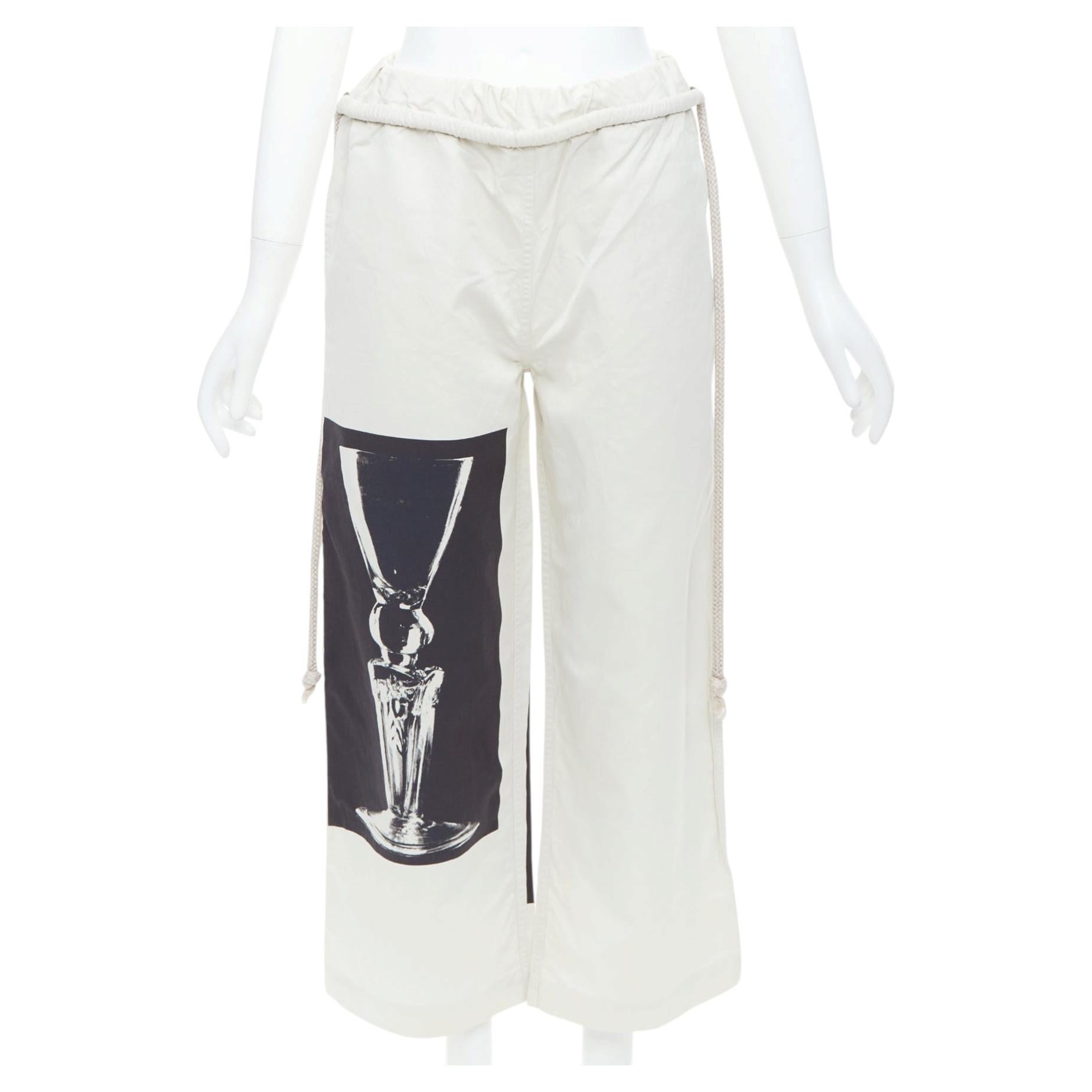 PORTS 1961 beige coton soie verre photo imprimé pantalon à cordon de taille IT38 XS