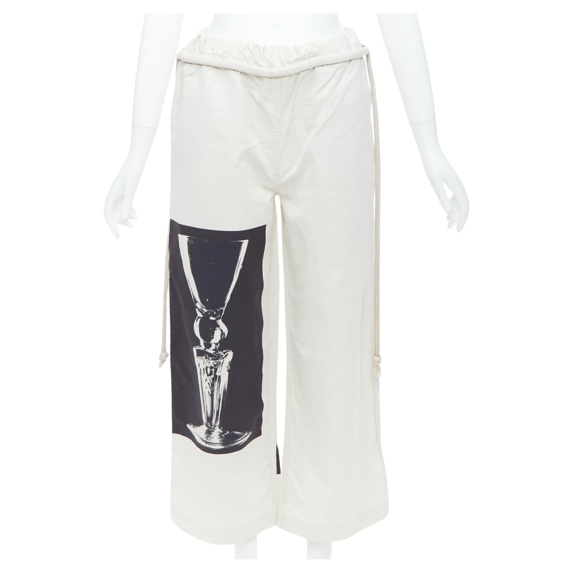 PORTS 1961 beige cotton silk glass photo print drawstring waist pants IT38 XS For Sale