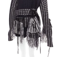 PORTS 1961 black white 100% virgin wool houndstooth pocket fringe sweater S