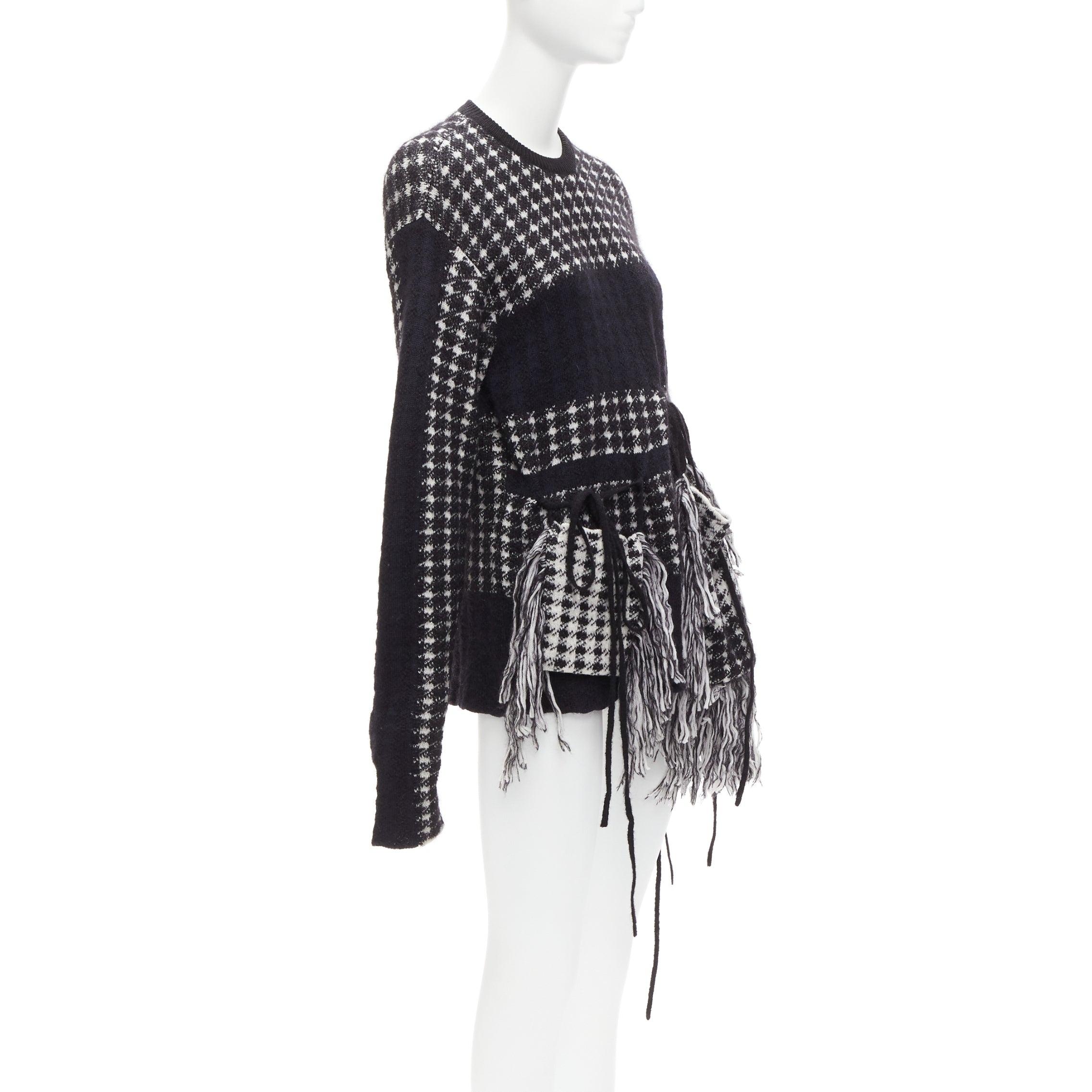 Black PORTS 1961 black white 100% virgin wool houndstooth pocket fringe sweater S For Sale