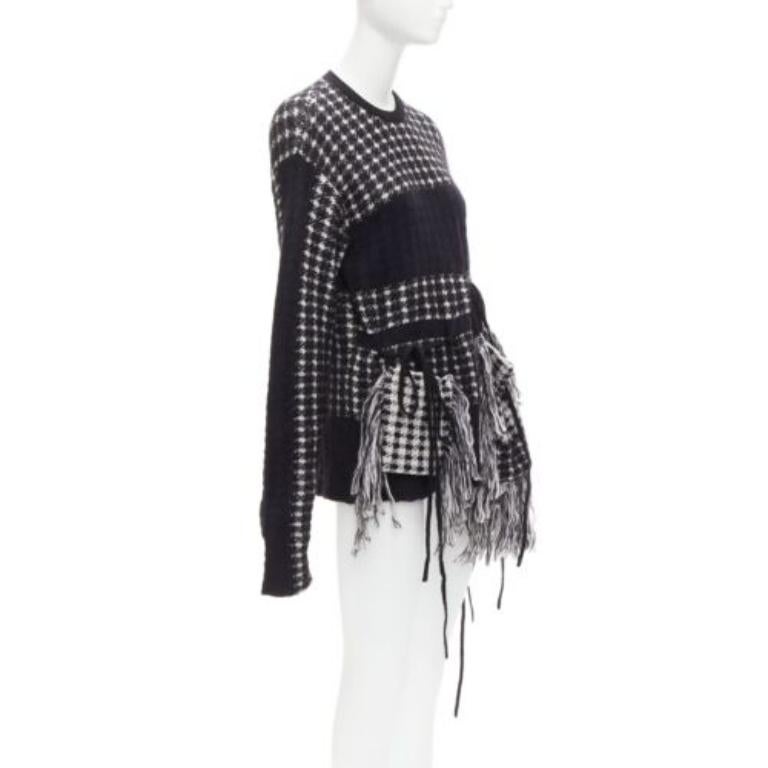 Black PORTS 1961 black white 100% virgin wool houndstooth pocket fringe sweater S