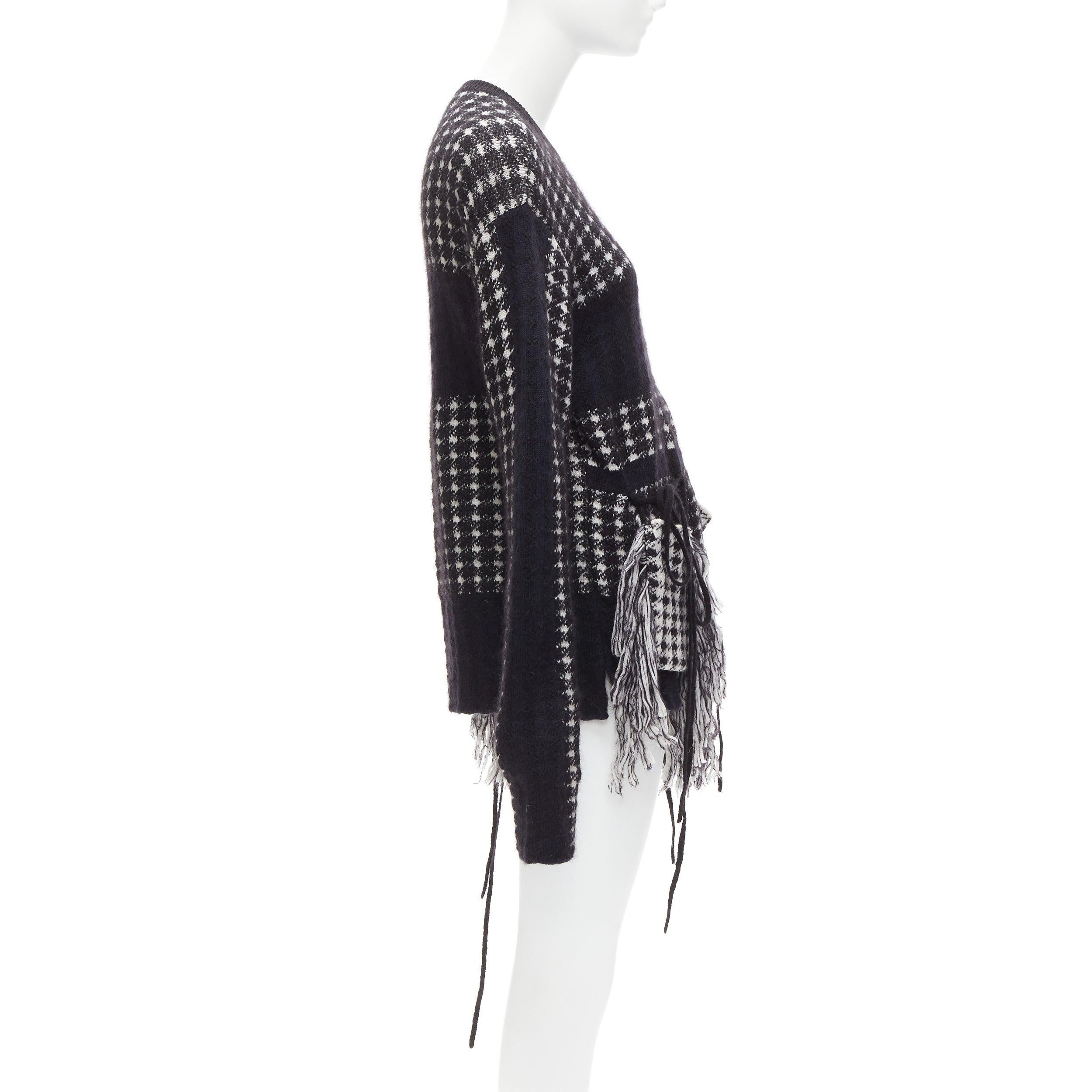 PORTS 1961 black white 100% virgin wool houndstooth pocket fringe sweater S In Excellent Condition For Sale In Hong Kong, NT