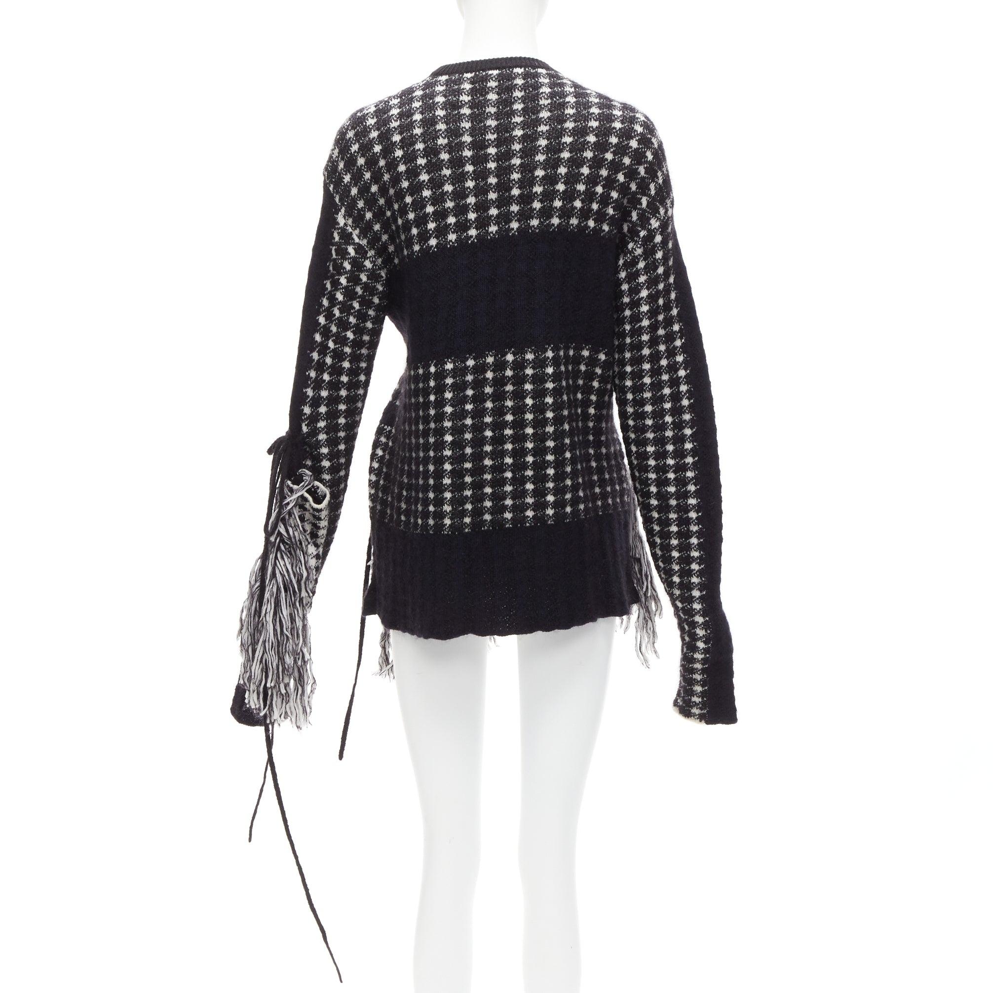 Women's PORTS 1961 black white 100% virgin wool houndstooth pocket fringe sweater S For Sale