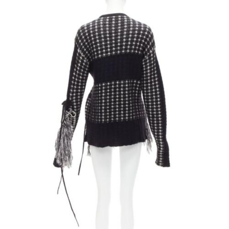 Women's PORTS 1961 black white 100% virgin wool houndstooth pocket fringe sweater S