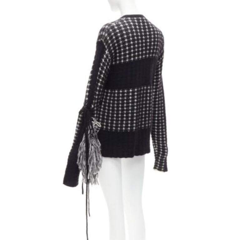 PORTS 1961 black white 100% virgin wool houndstooth pocket fringe sweater S 1