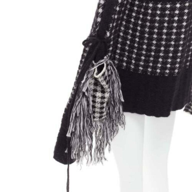 PORTS 1961 black white 100% virgin wool houndstooth pocket fringe sweater S 2