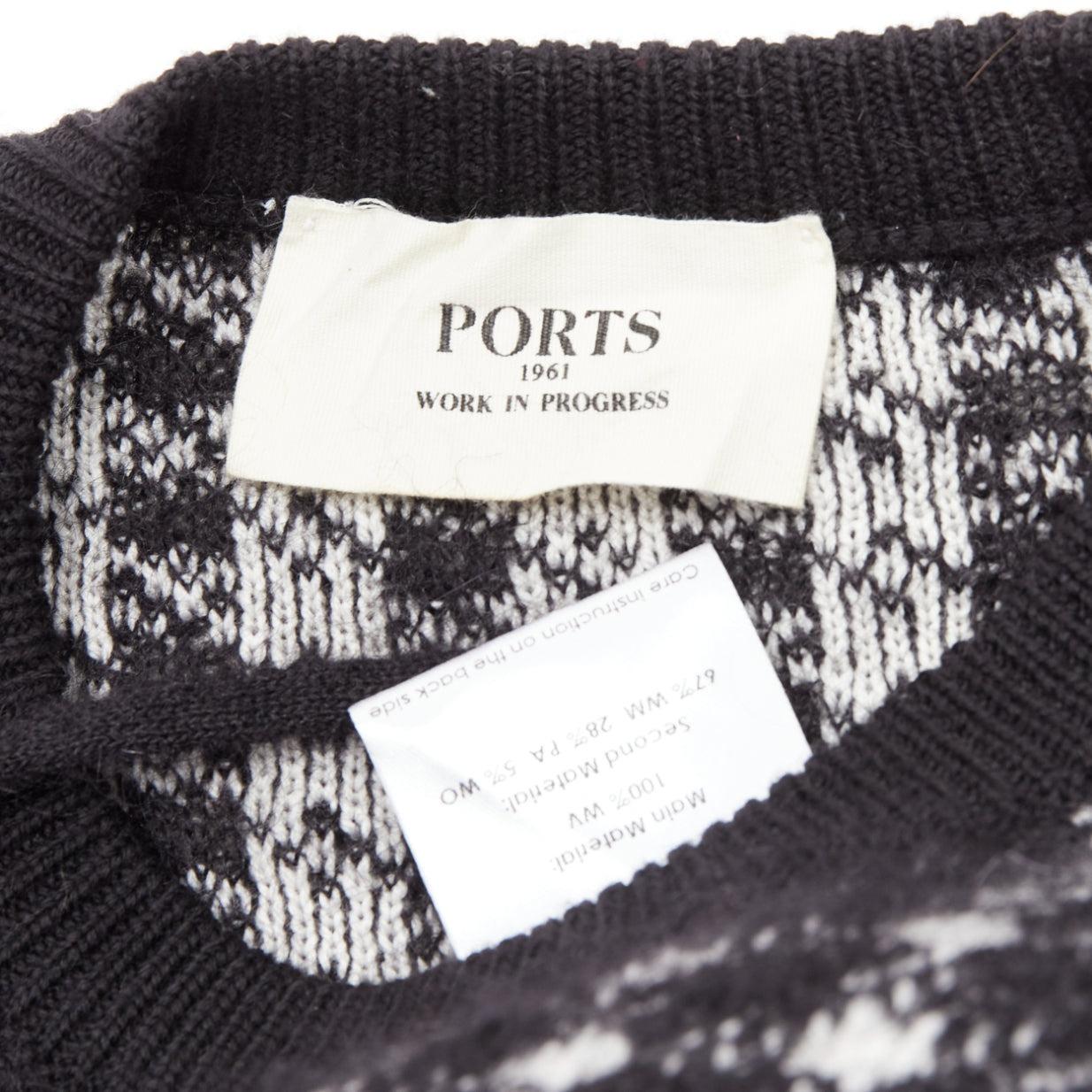 PORTS 1961 black white 100% virgin wool houndstooth pocket fringe sweater S For Sale 3