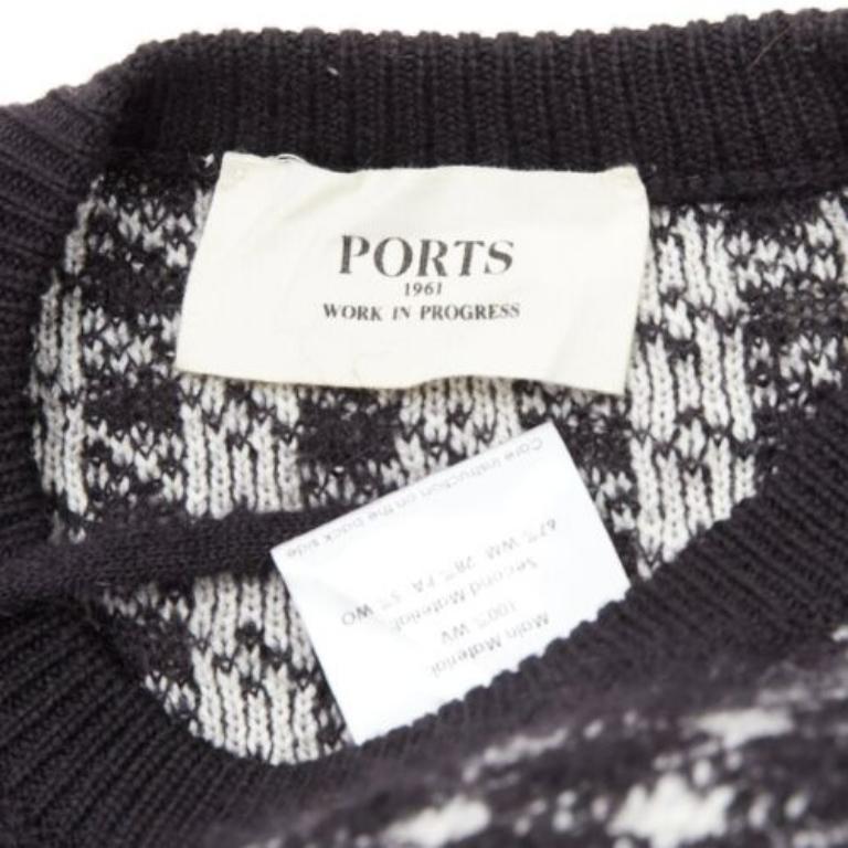 PORTS 1961 black white 100% virgin wool houndstooth pocket fringe sweater S 3