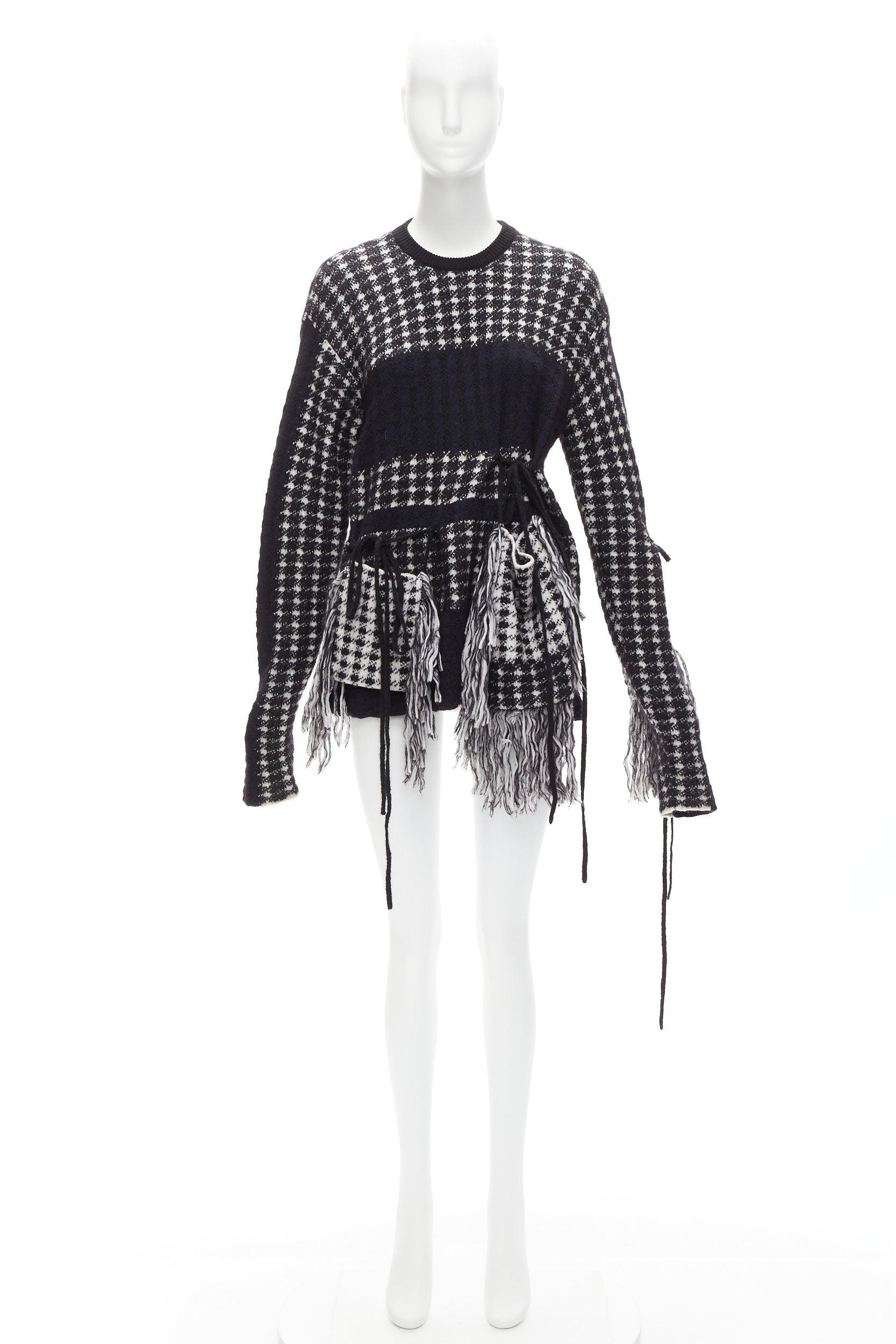PORTS 1961 black white 100% virgin wool houndstooth pocket fringe sweater S For Sale 4