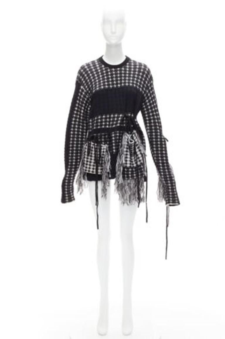 PORTS 1961 black white 100% virgin wool houndstooth pocket fringe sweater S 4