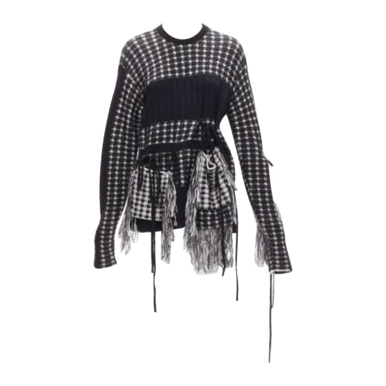 PORTS 1961 black white 100% virgin wool houndstooth pocket fringe sweater S
